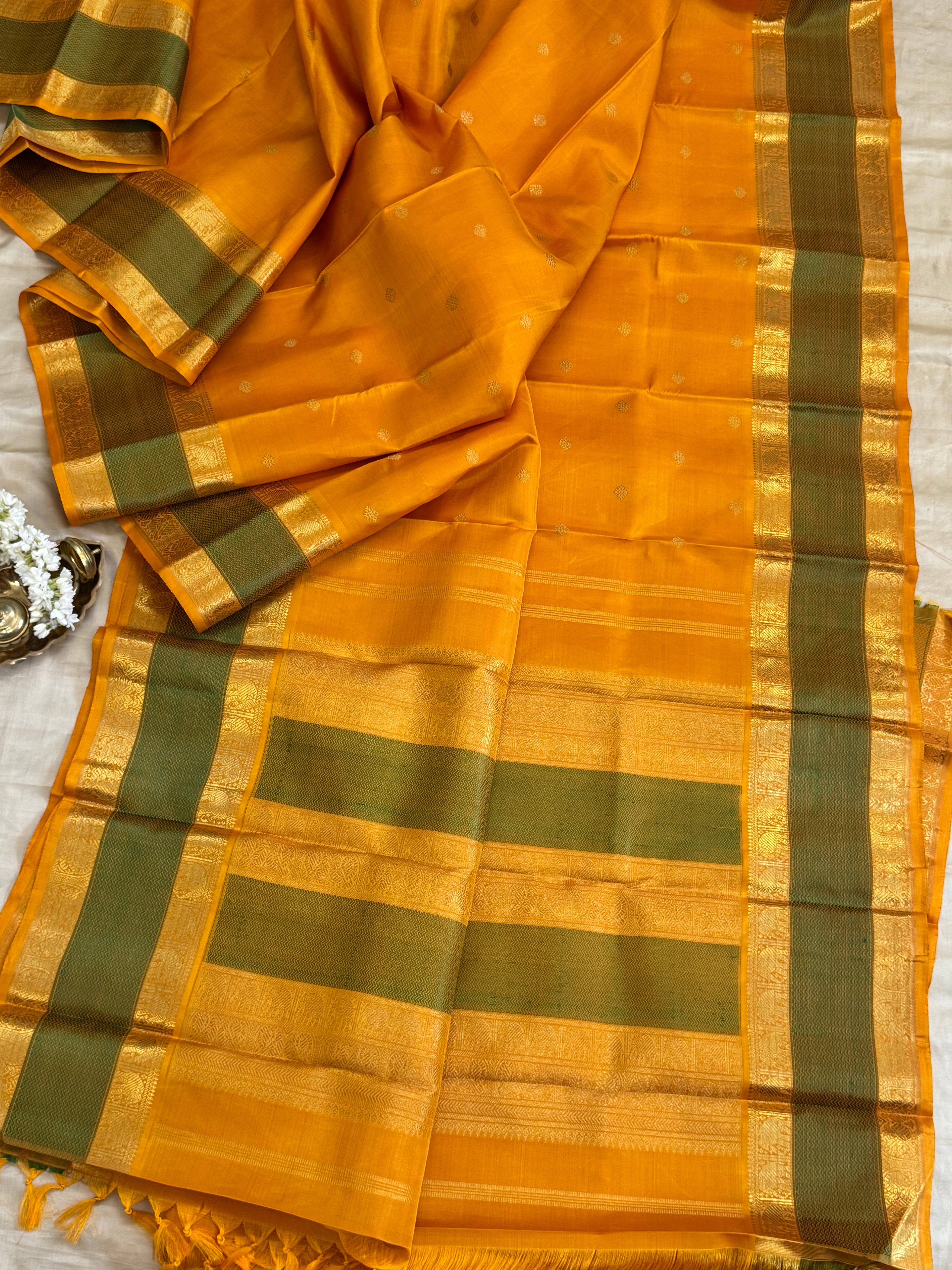 Mustard yellow body retta pet elephant and annam border/ kanjipuram silk CLSA7735