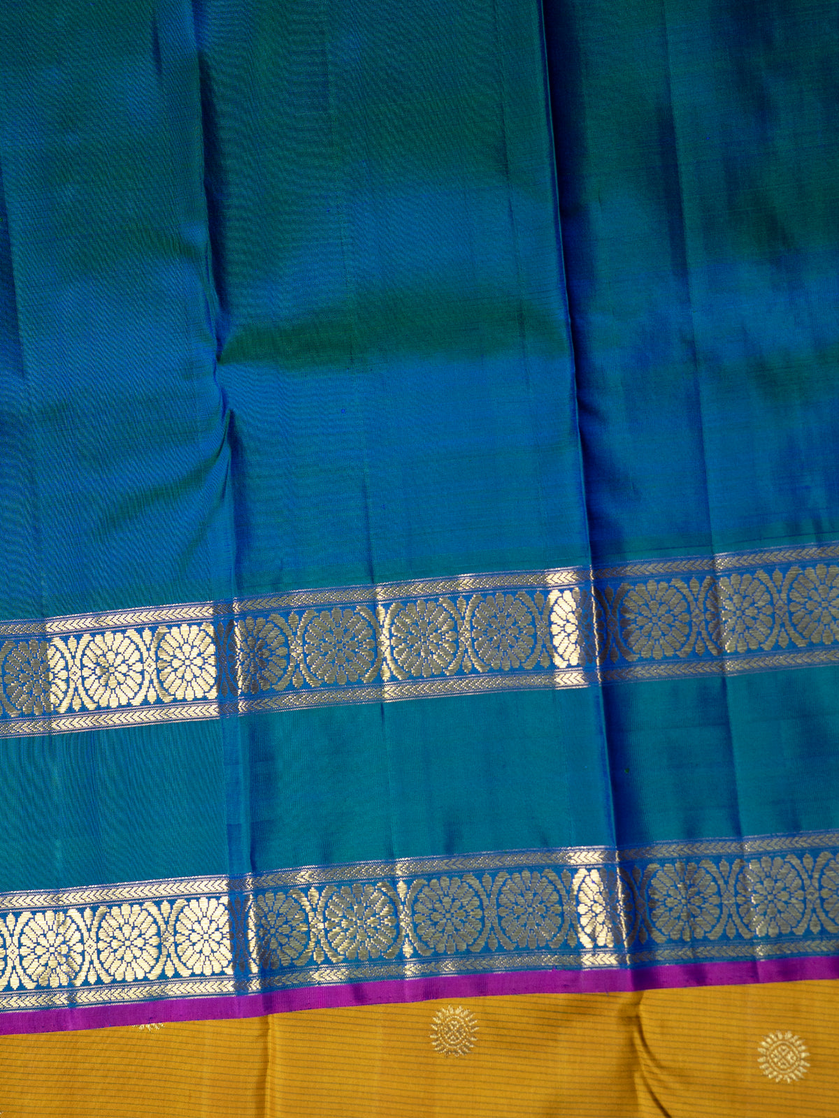 Mustard and teal blue rettapet border kai korvai/ Kanjipuram Silk Saree CLSA6084