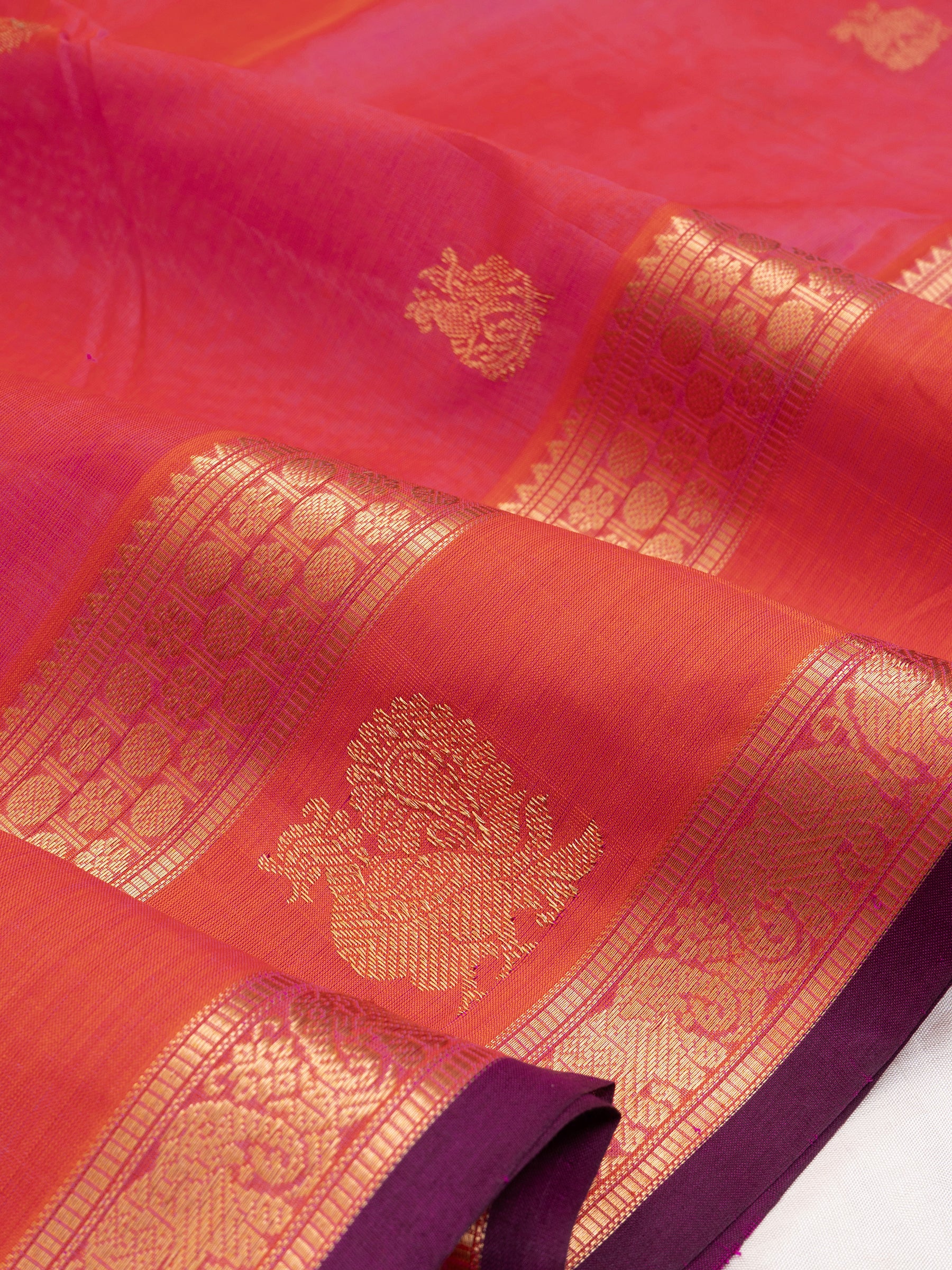 Pinkish orange rettapet border annam butta/ Silk Cotton Saree CLSA9561