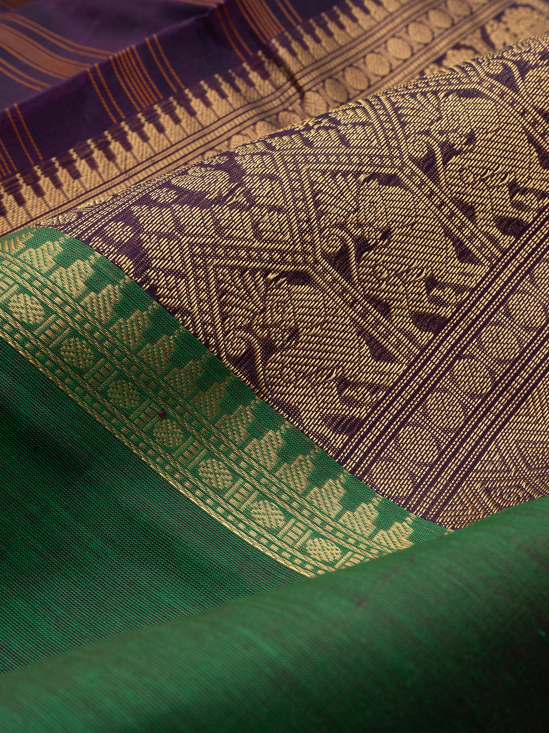Deep purple and mustard lines border butta / Silk Cotton CLSA9595
