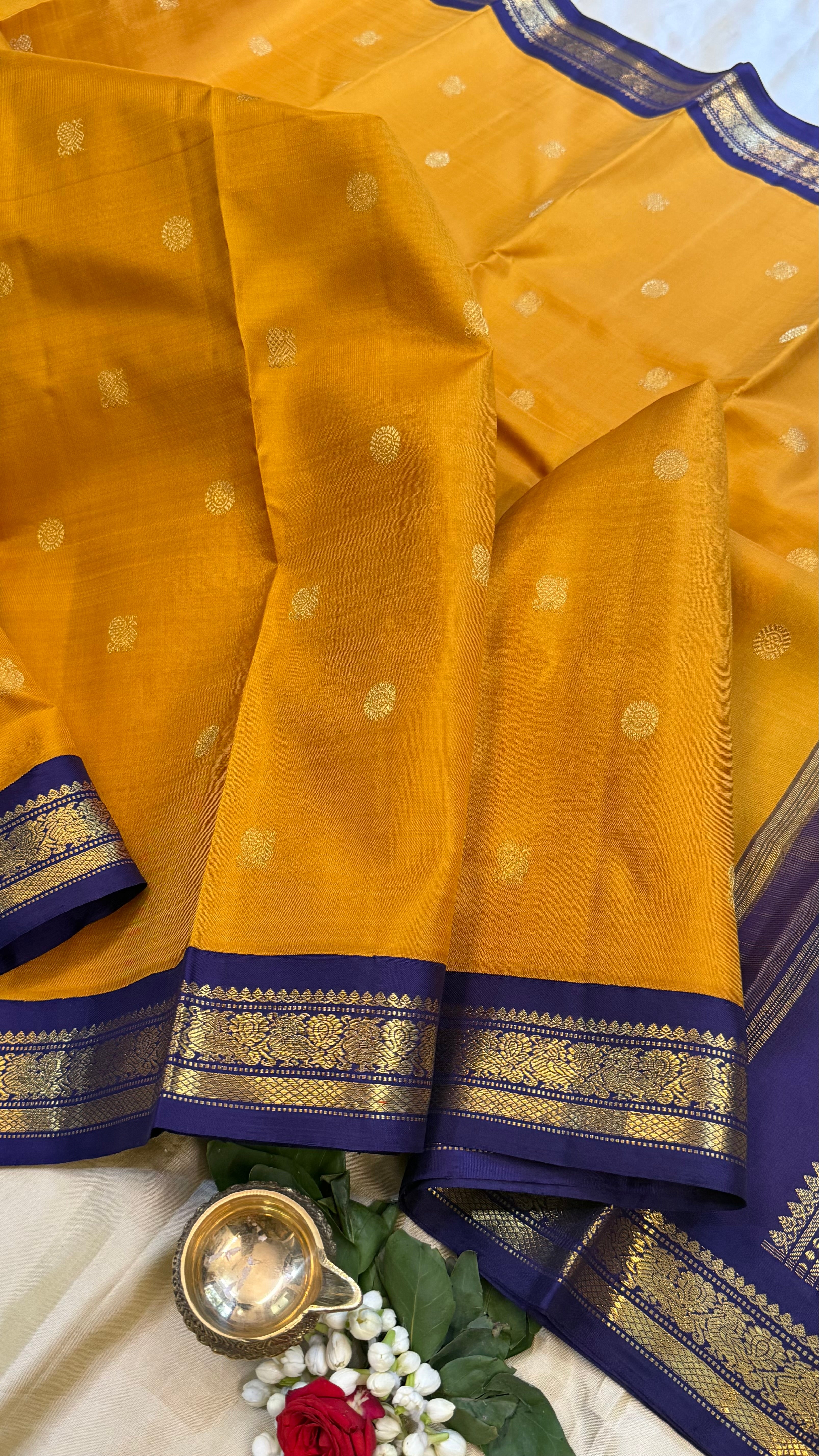 Golden yellow and dark blue kai korvai/ Kanjipuram Silk
