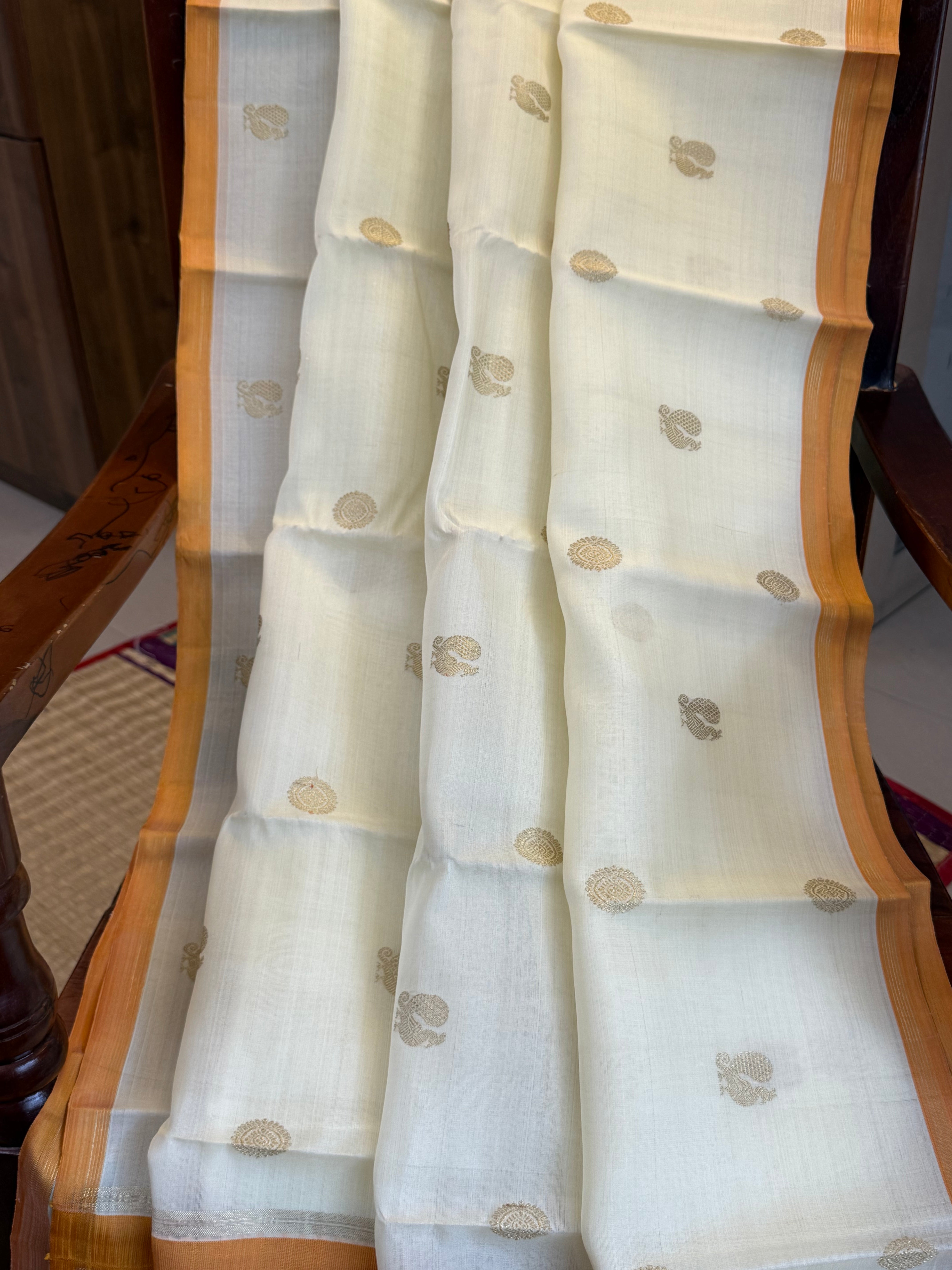Off white with mustard Organza border less saree