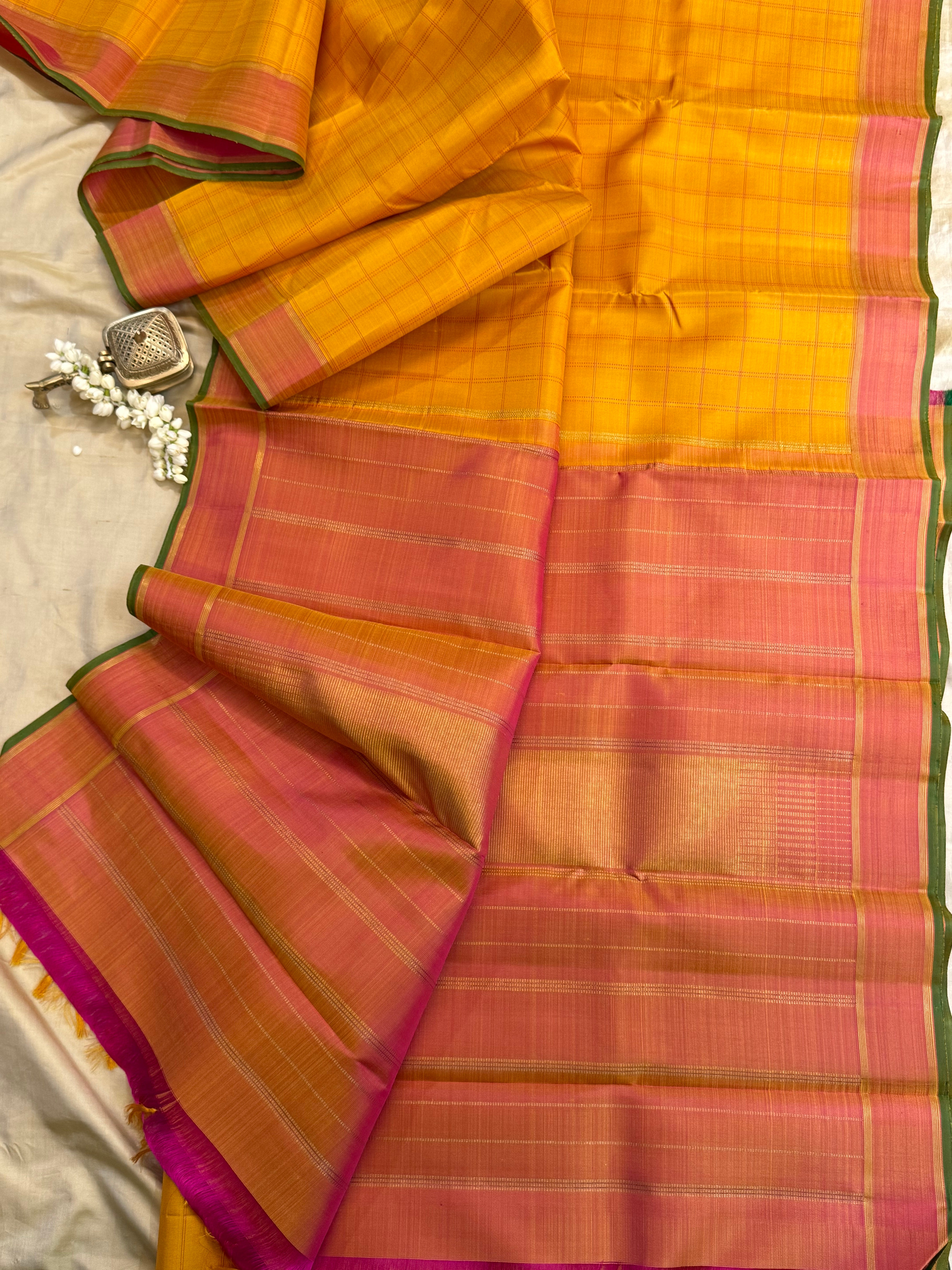 Golden mustard yellow - pink checks/ Kanjipuram silk CL9800
