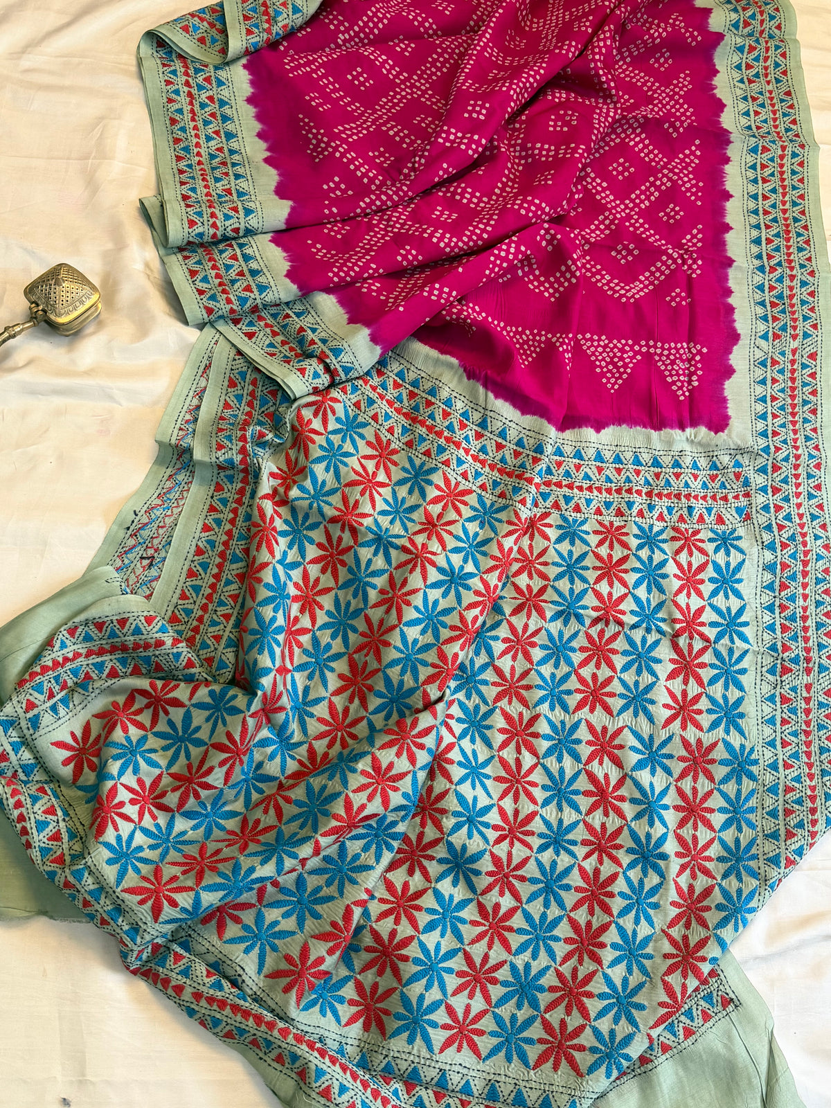 Pink Bandhini with Kantha work in silk