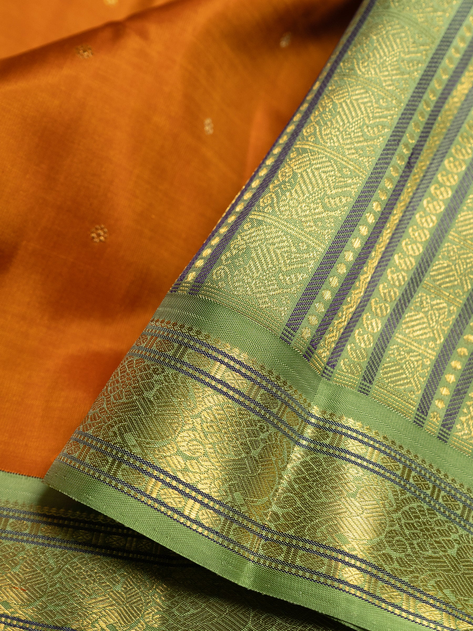 Rust orange and pista green kai korvai/ Kanjipuram Saree CLSA10045
