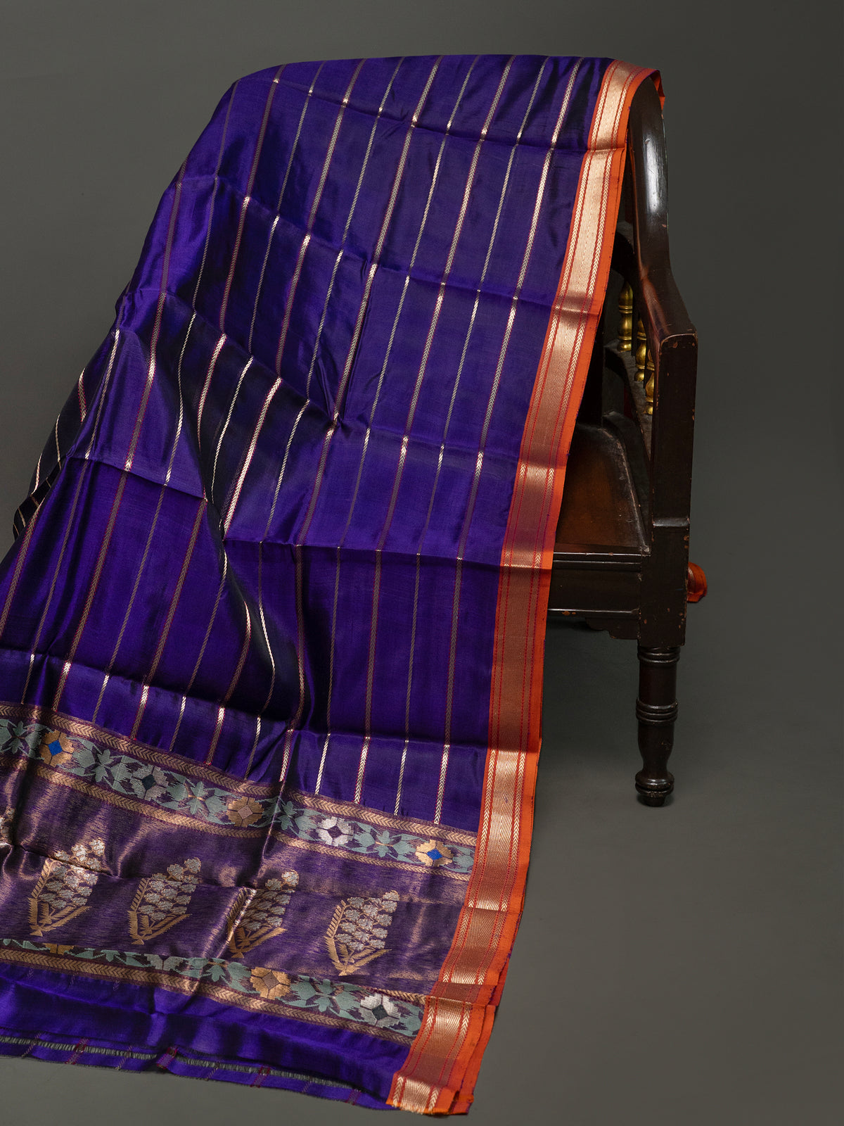 Master piece Deep purple zari stripes and orange small border special pallu / Chanderi silk Saree CLSA10884