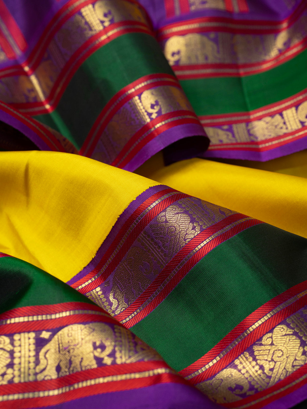 Yellow and green purple rettapet border kai korvai/ Kanjipuram Silk Saree CLSA11707