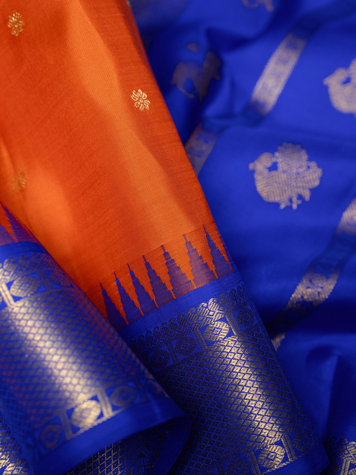 Orange and blue kai korvai unique pallu/ Kanjipuram Silk Saree CLSA4445