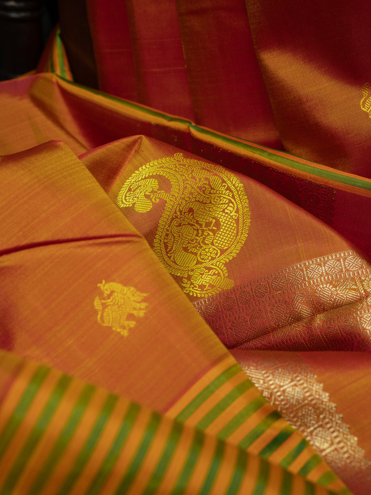 Orange shot green varisapet border/ Kanjipuram Silk Saree CLSA5568