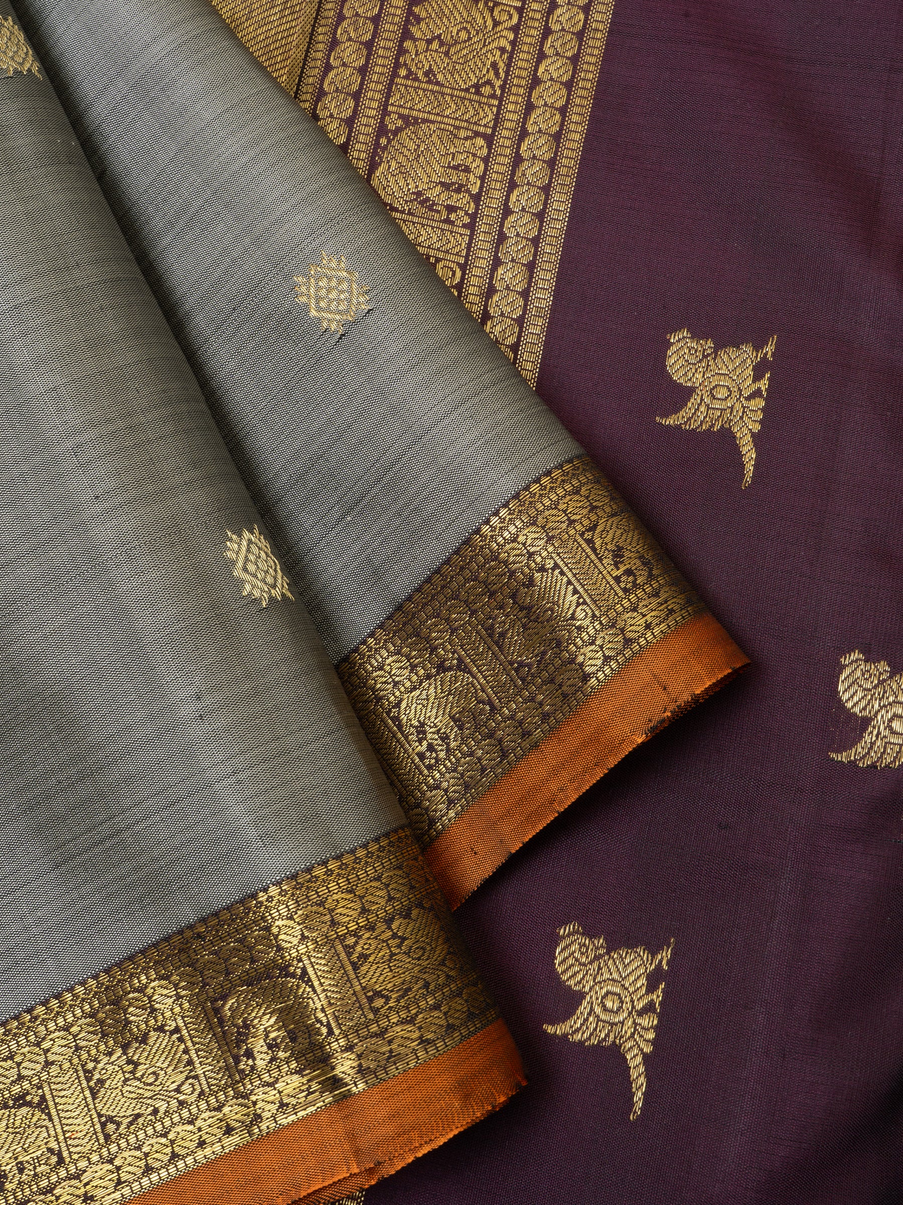 Grey and dark brown small border /Kanjipuram silk Saree
