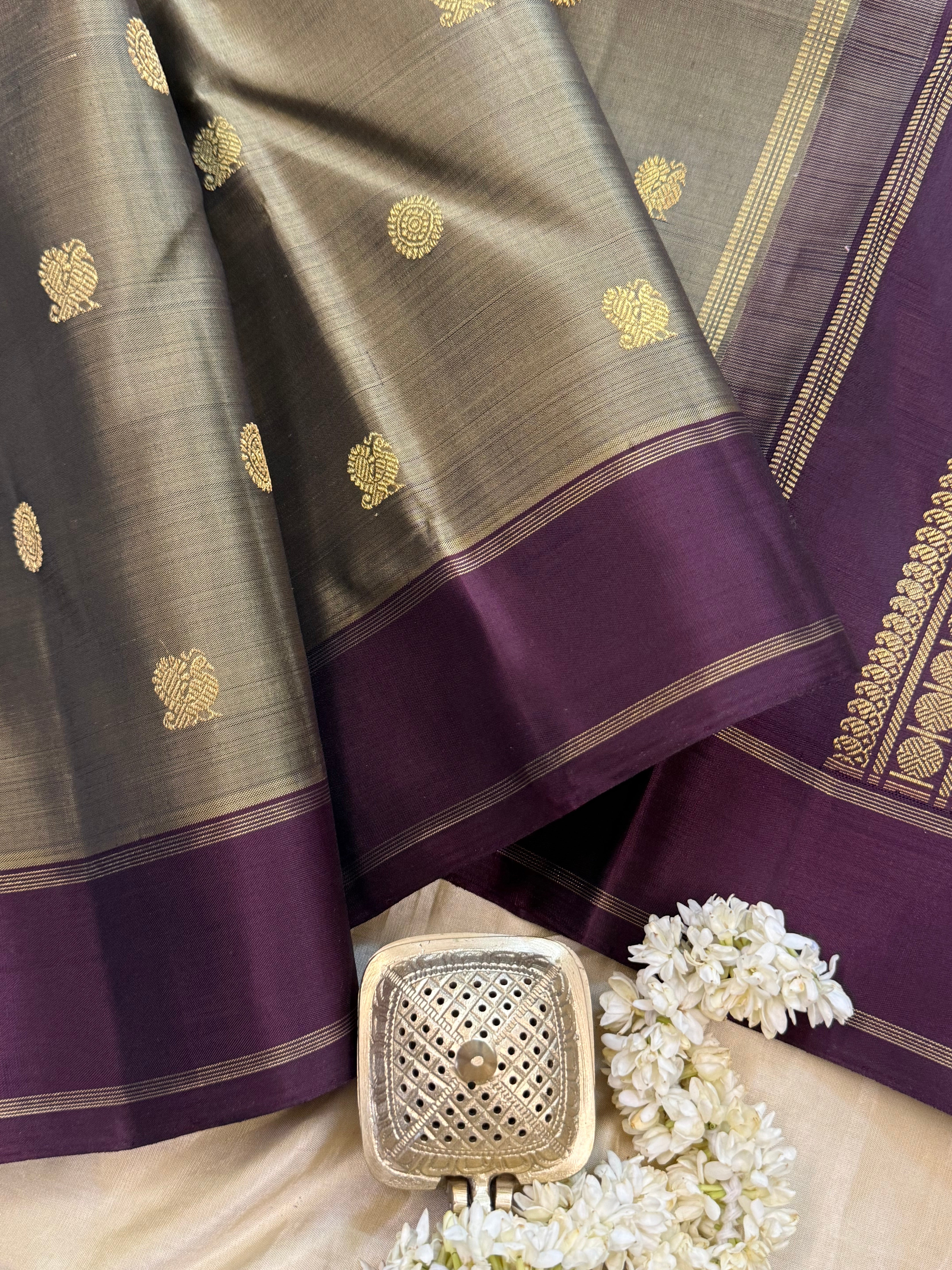 Deep olive and burgundy/ Kanjipuram silk