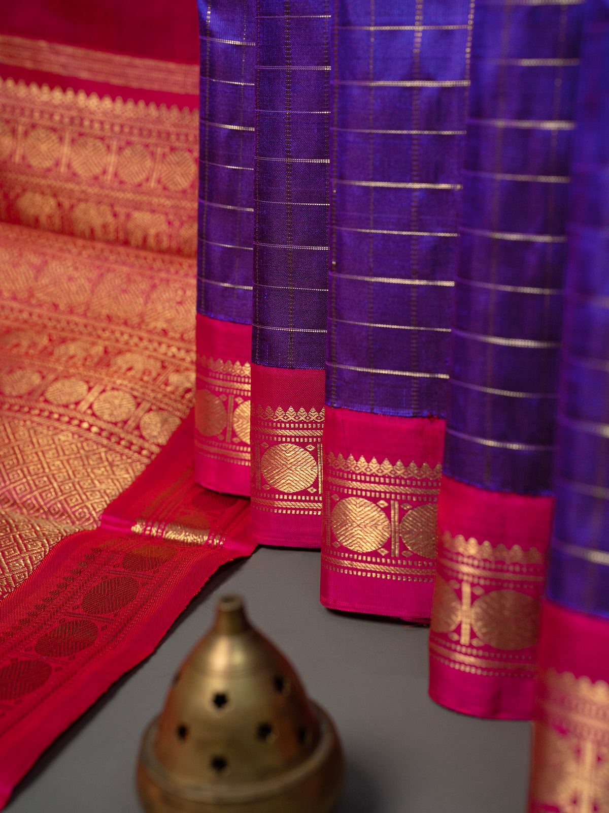 Purple shot violet zari kattam kai korvai rudraksha border/ Kanjipuram Silk Saree CLSA108