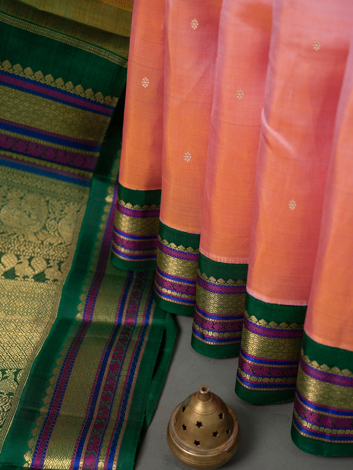 Peach pink and green kai korvai/ Kanjipuram Silk Saree CLSA280