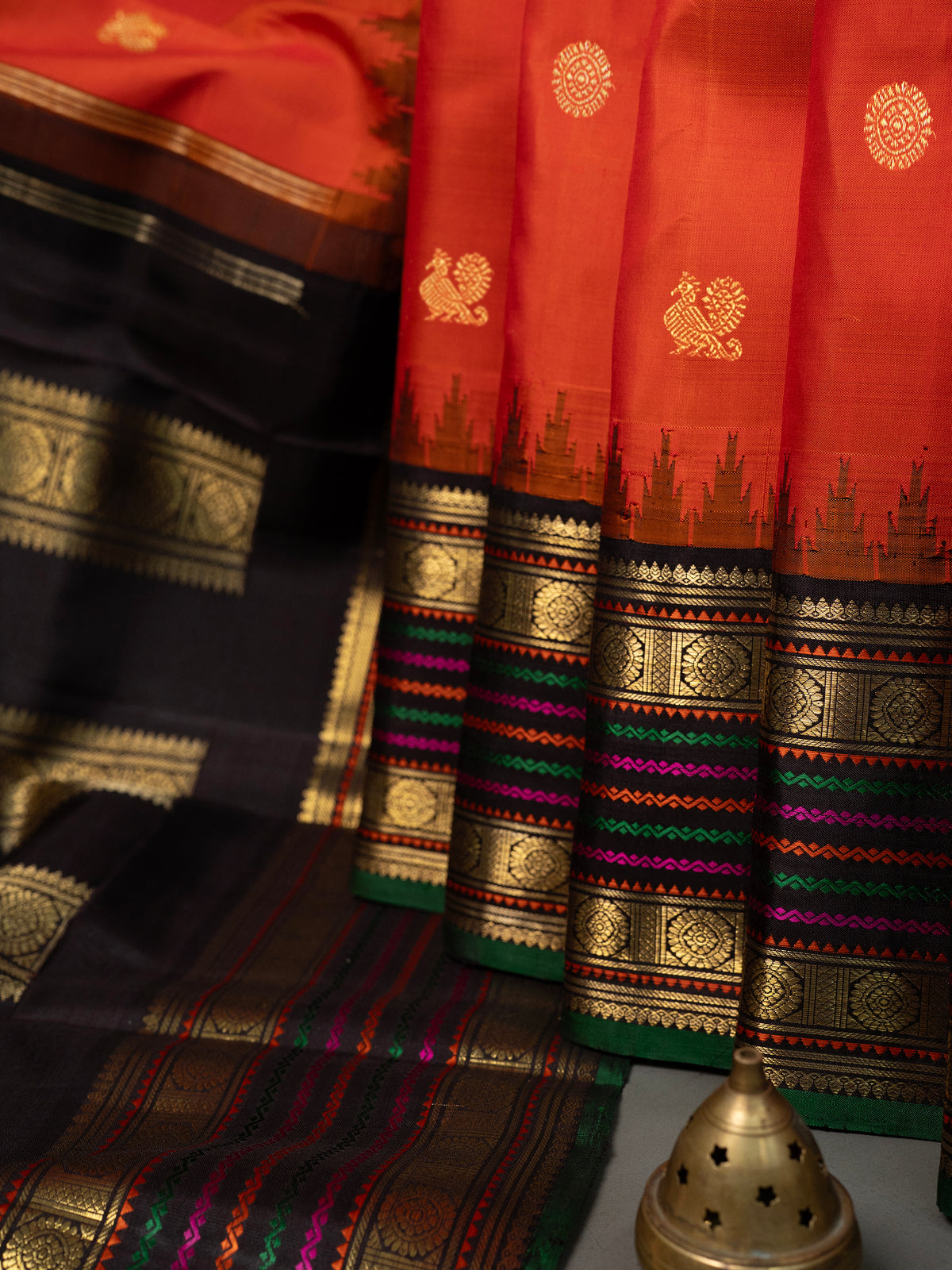 Orange varisapet and temple Korvai /Kanjipuram Silk Saree CLSA5590