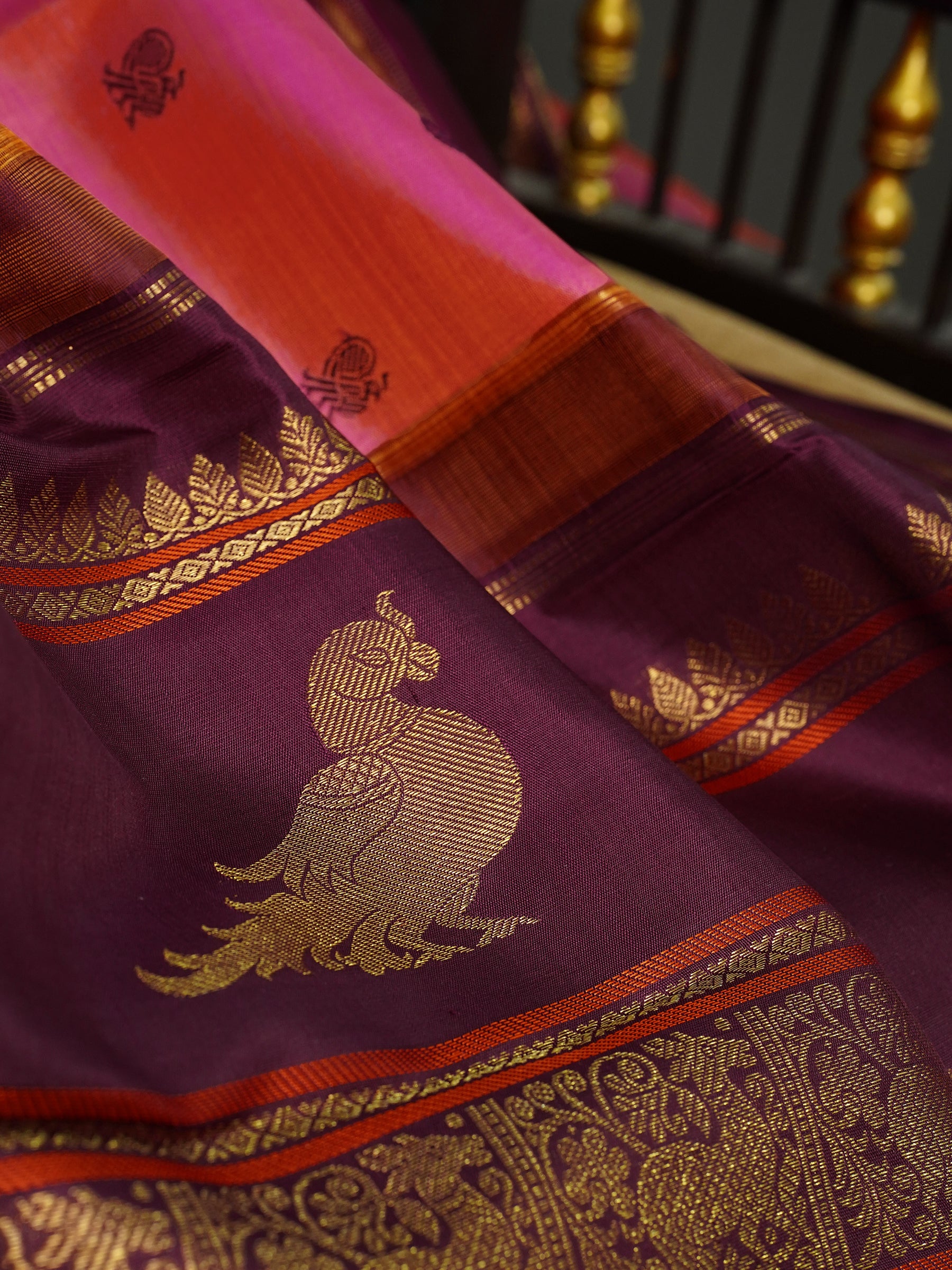 Peach with brown Korvai  / Kanjipuram Silk Saree CLSA10584