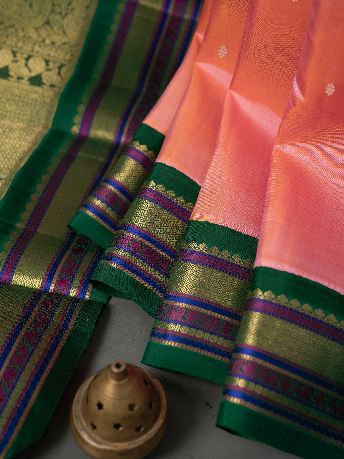 Peach pink and green kai korvai/ Kanjipuram Silk Saree CLSA280