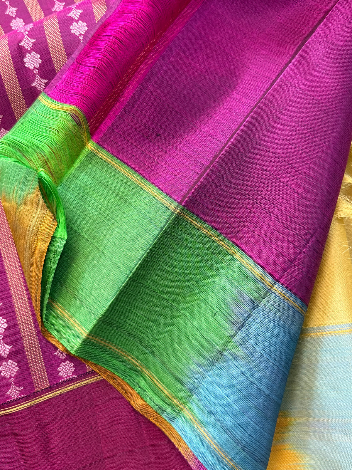 Golden off white with Multiple colour border and Zari butta / Kanjipuram silk saree