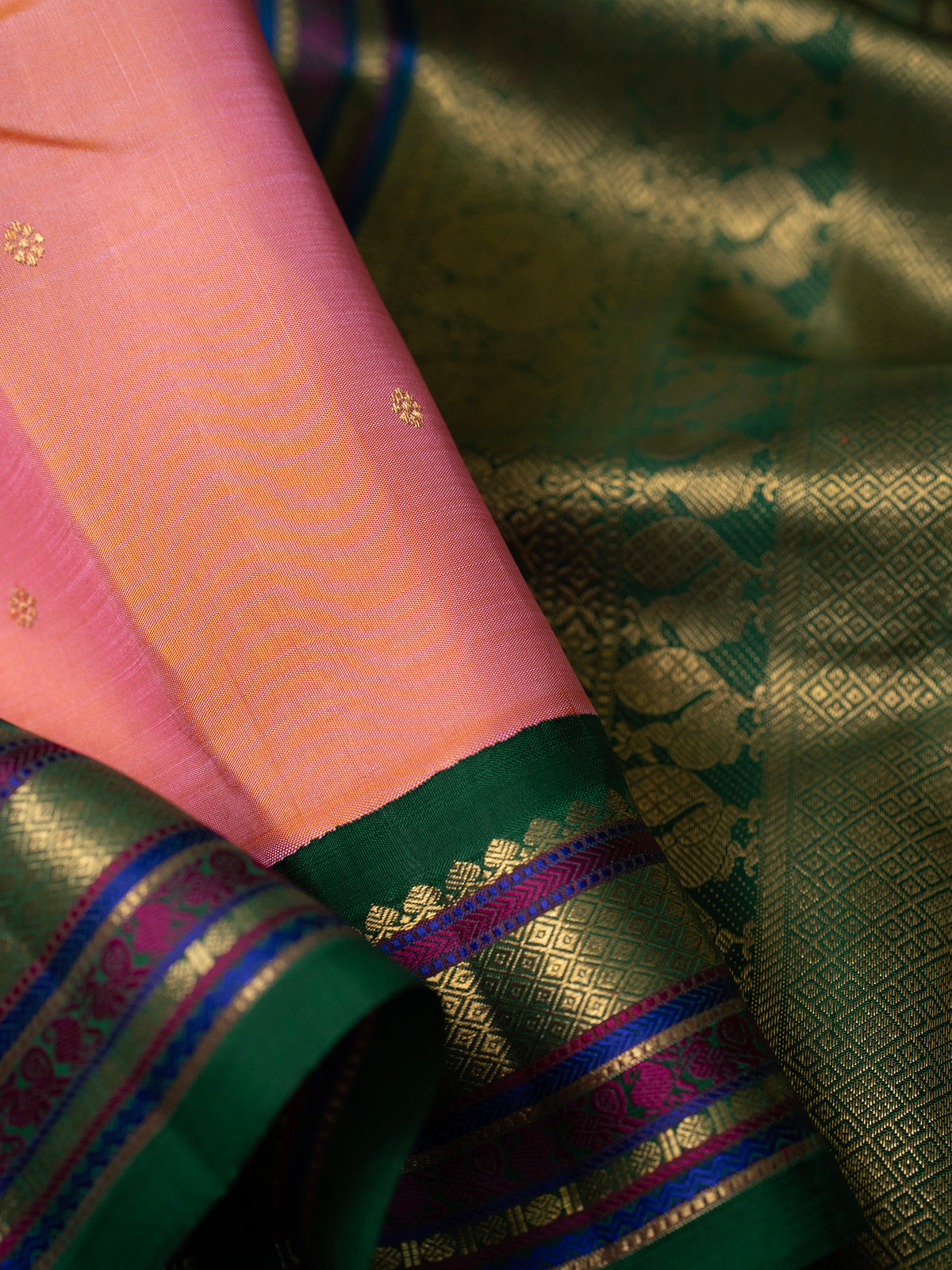 Peach pink and green kai korvai/ Kanjipuram Silk Saree CLSA280