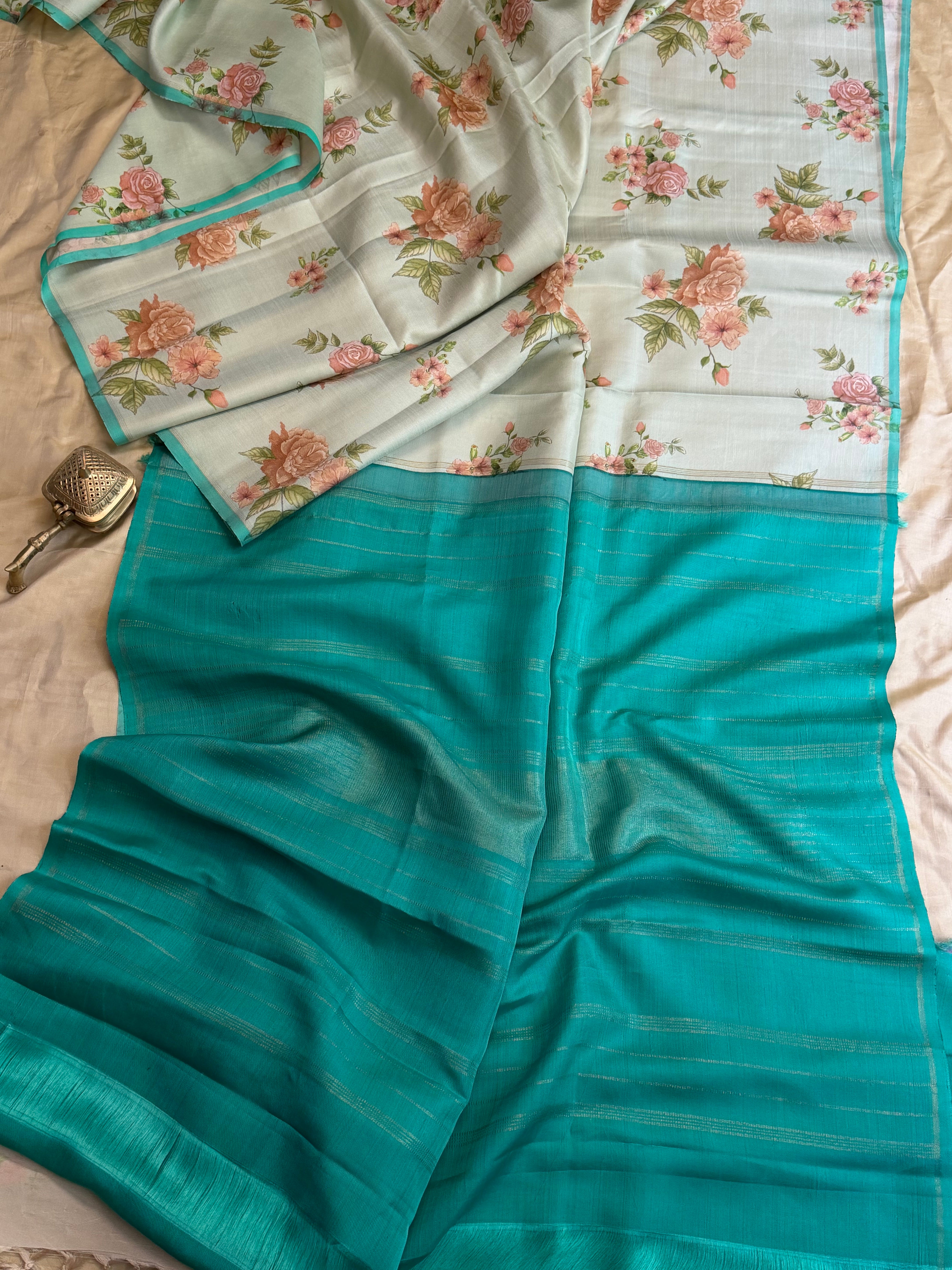 Floral digital printed / pure Zari Kanjipuram silk
