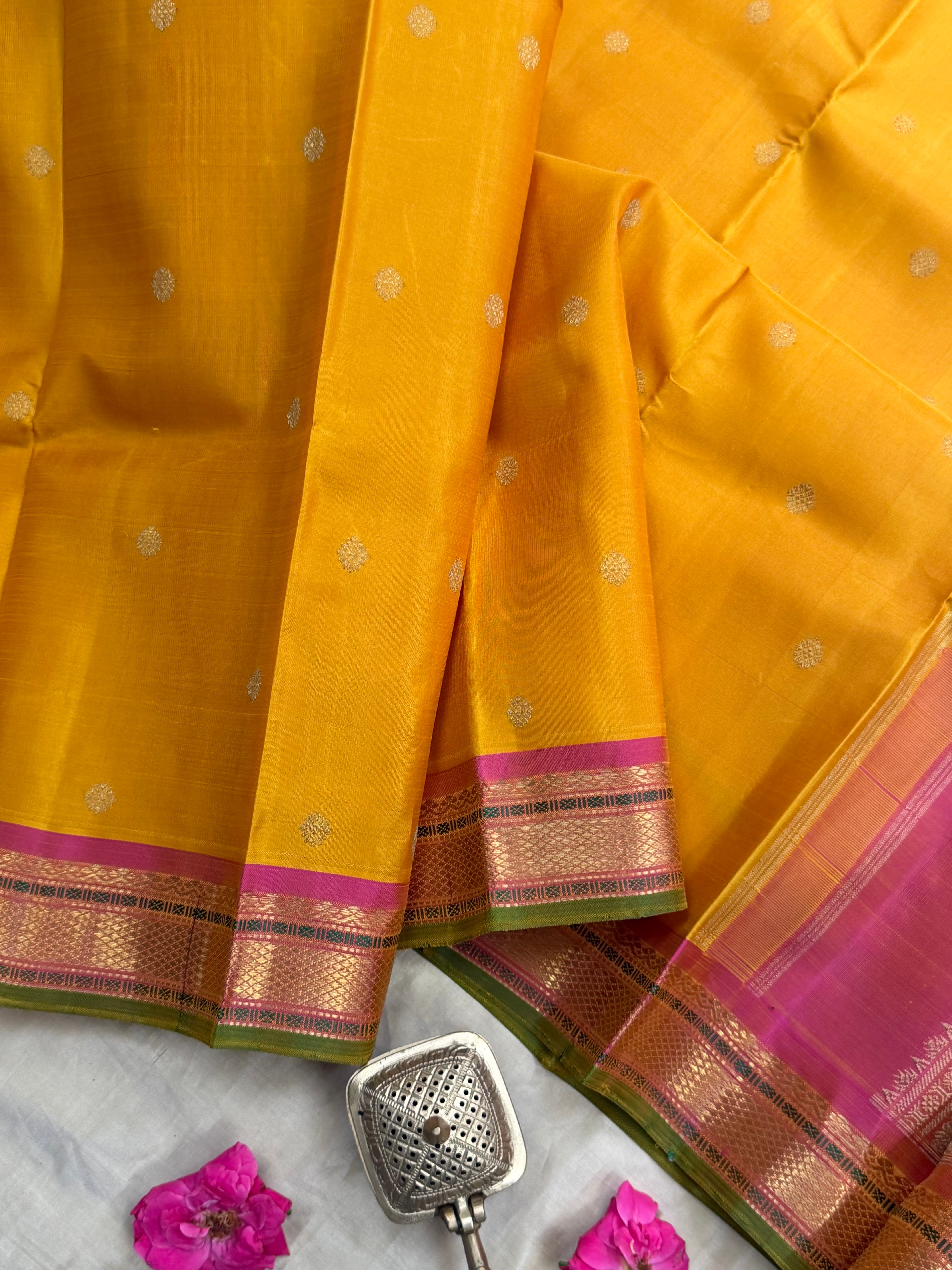 Golden mustard yellow small border pure Zari Kanjipuram silk CLSA9057
