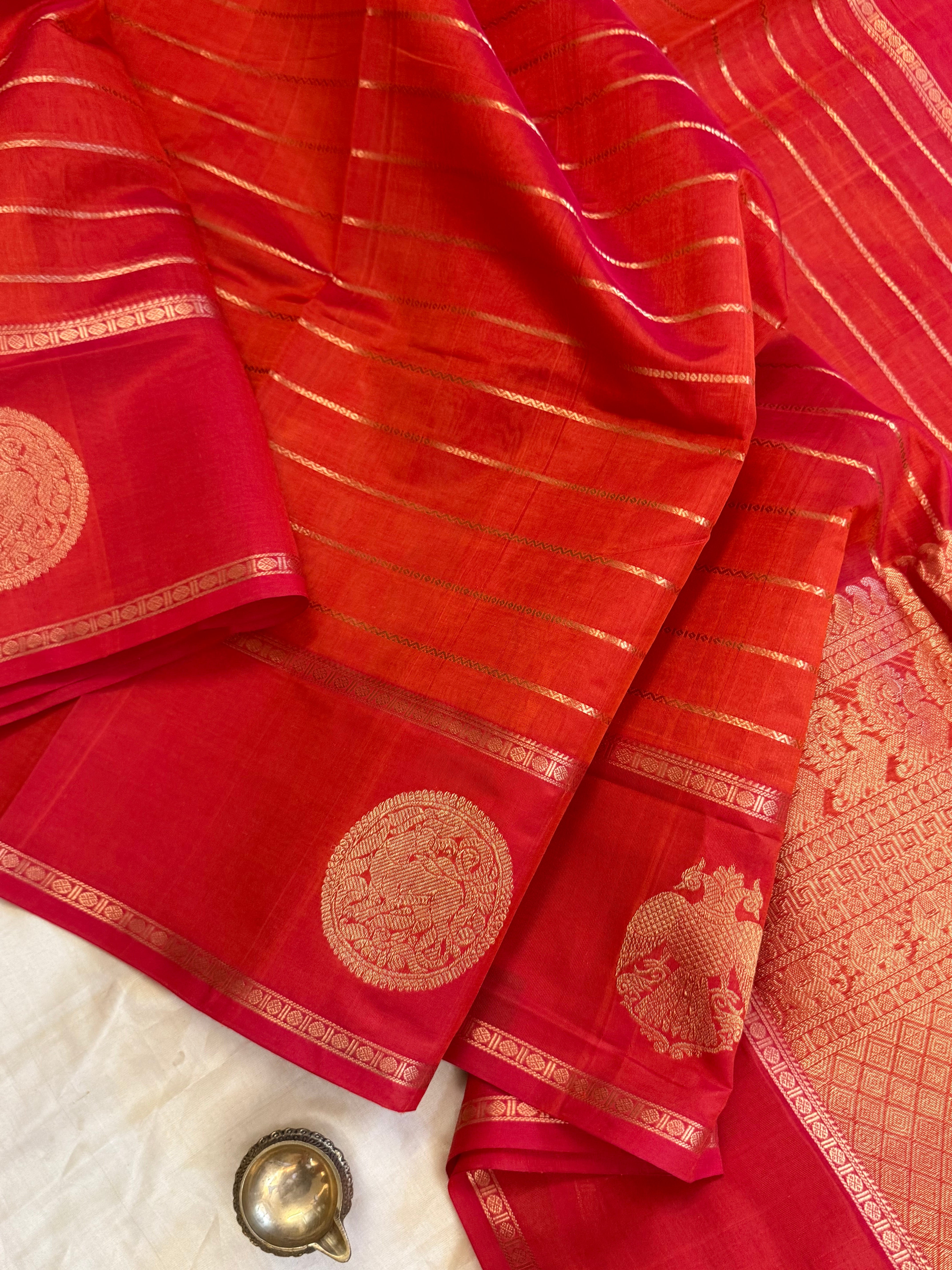 Reddish orange veldhari and border butta / Silk Cotton