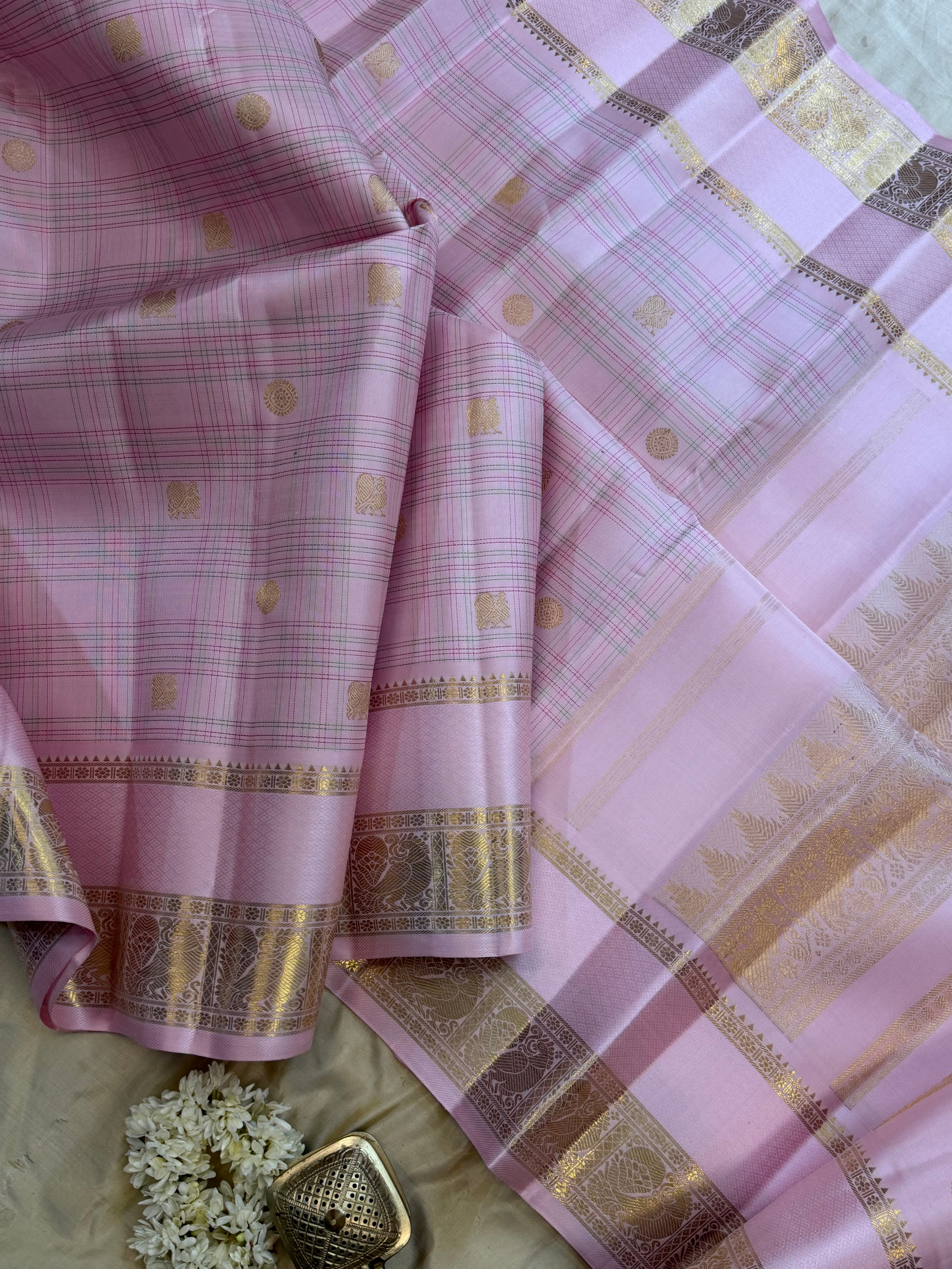Baby pink thread Kattam retta pet pure Kanjipuram silk CL10144