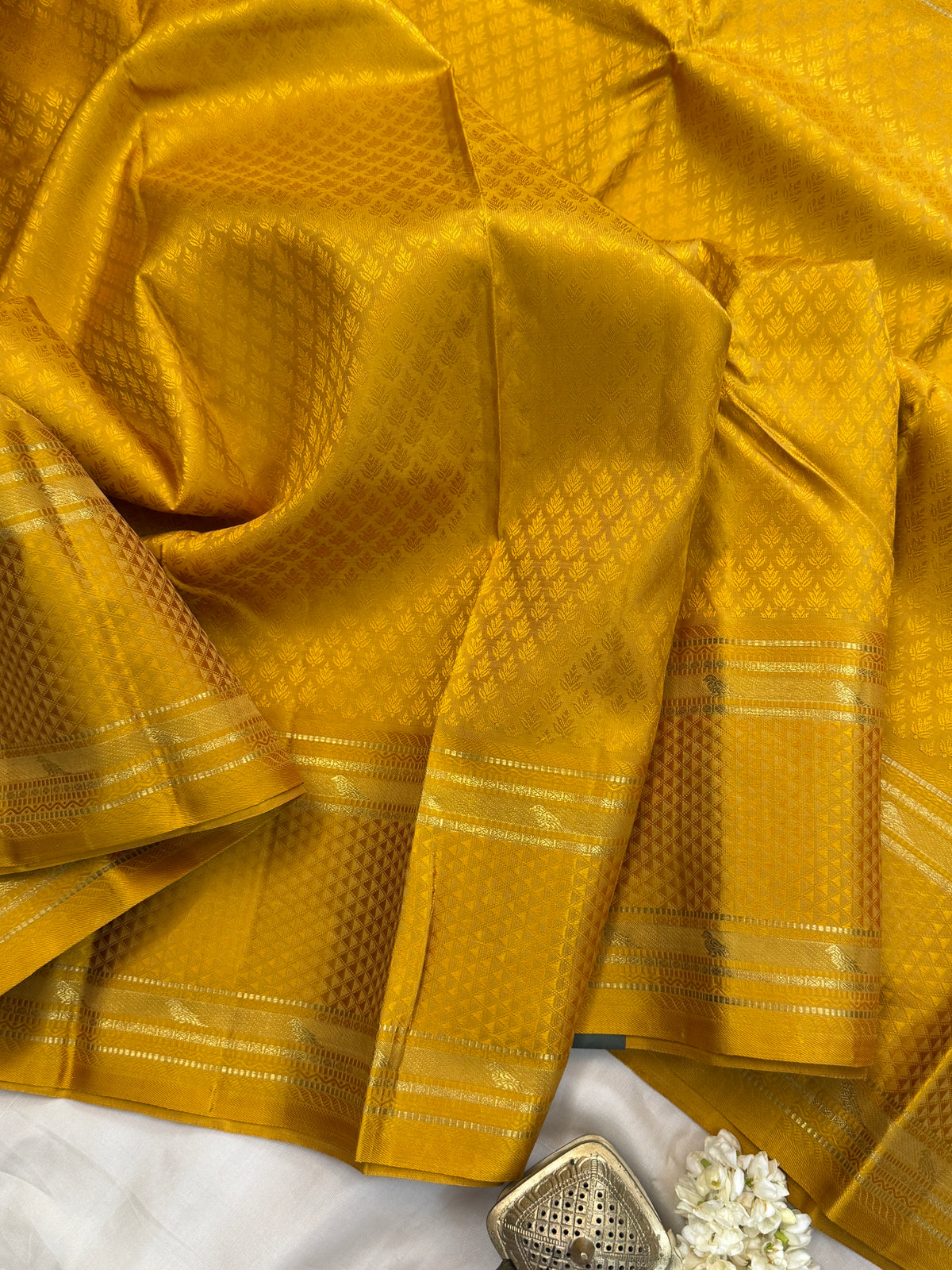 KILIYE :  mustard yellow kili  work /Kanjipuram silk saree
