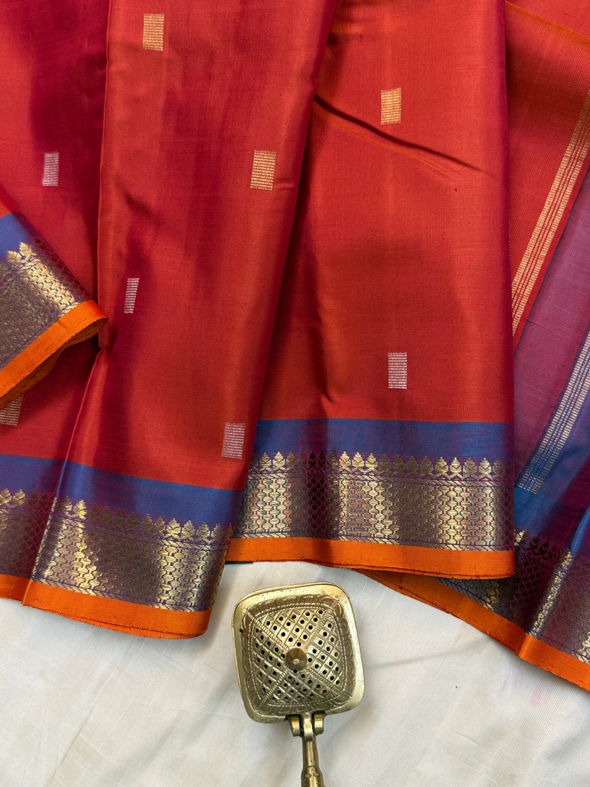 Rust Orange with silver and gold pure Zari butta/ kanjipuram silk saree