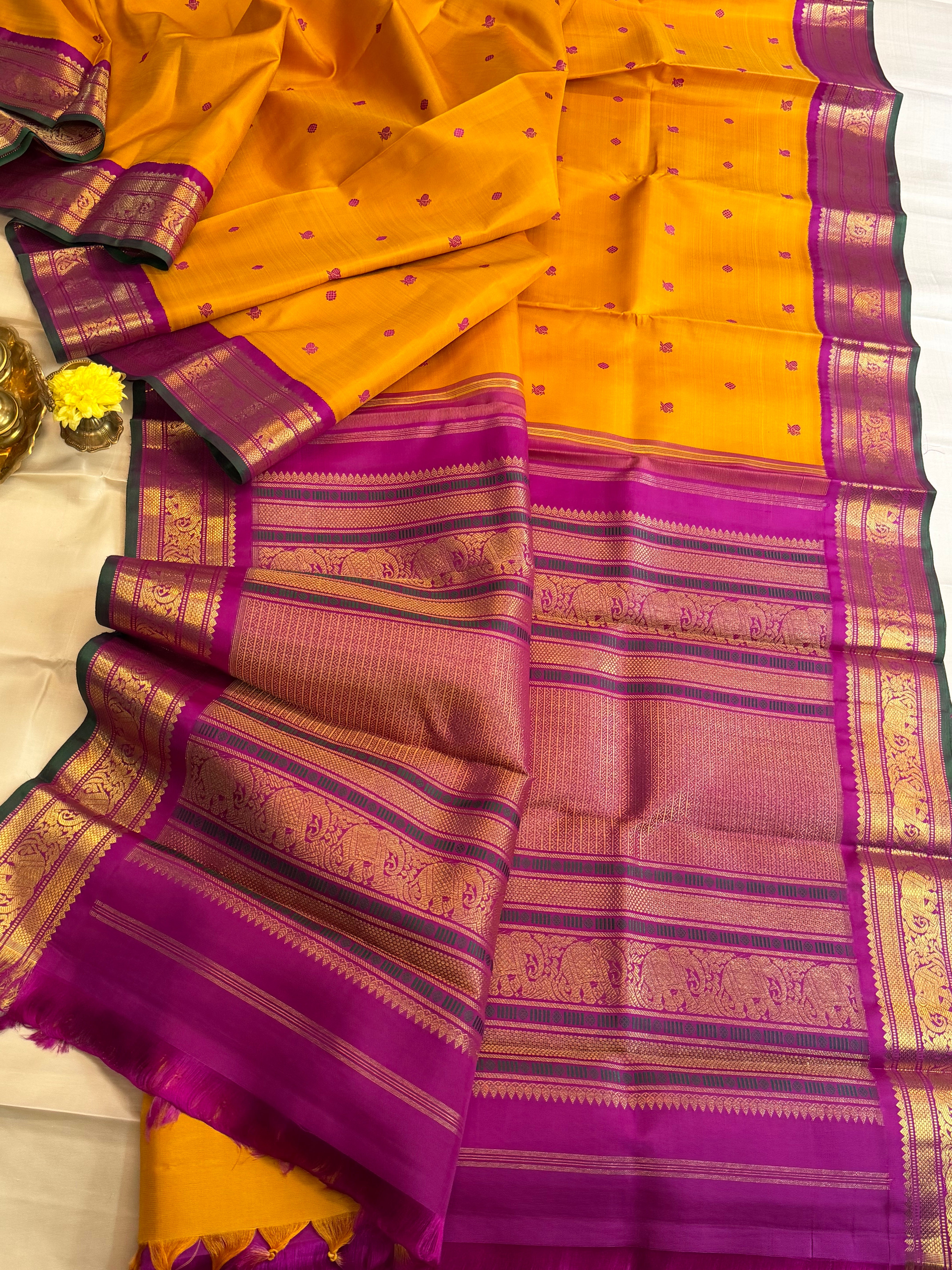 Korvai Varamahalakshmi edit : mustard yellow  colour  varisapet  Korvai Kanjipuram silk saree