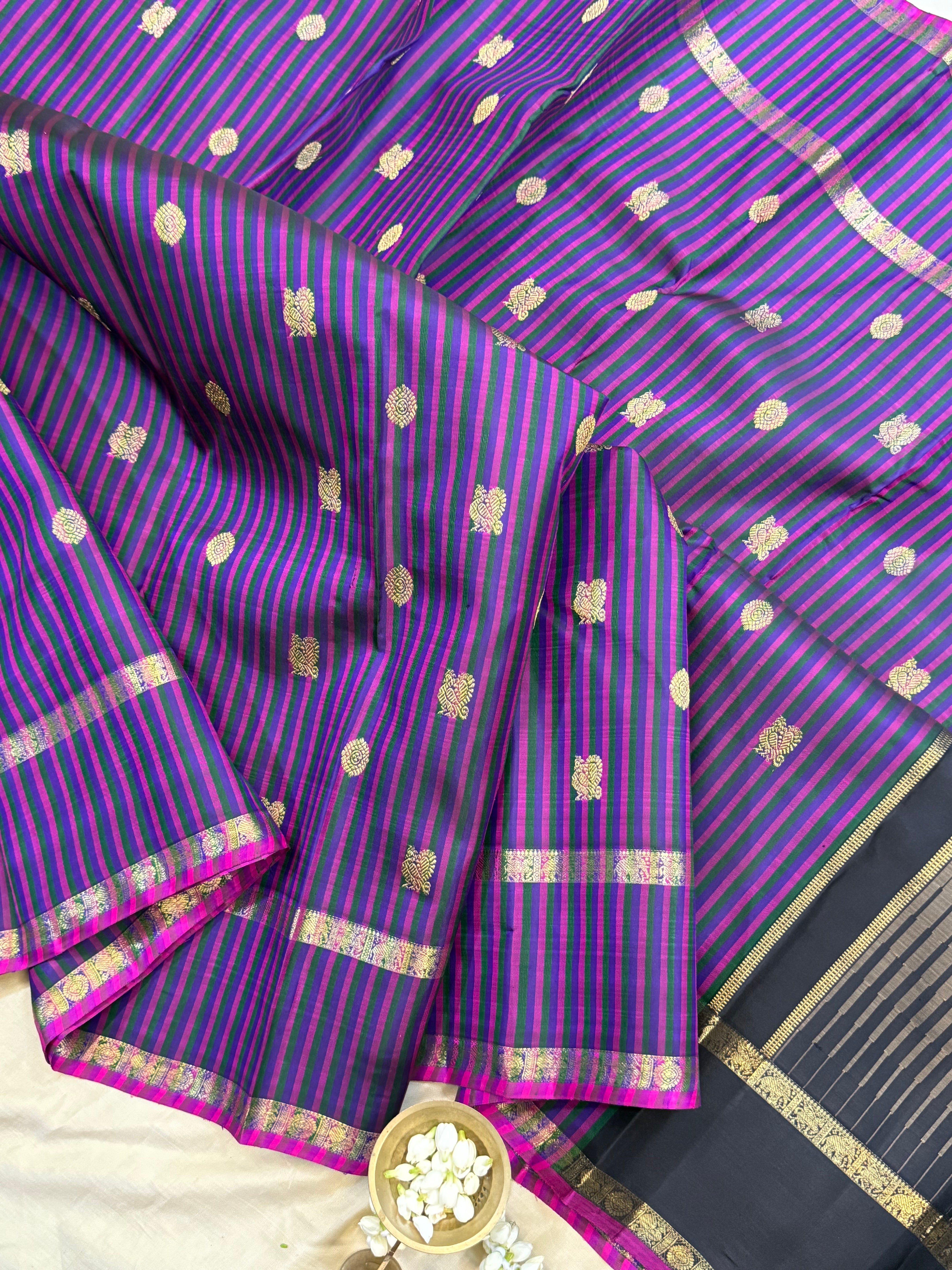 Deep purple multi colored stripes annam and chakram butta/ Kanjipuram silk
