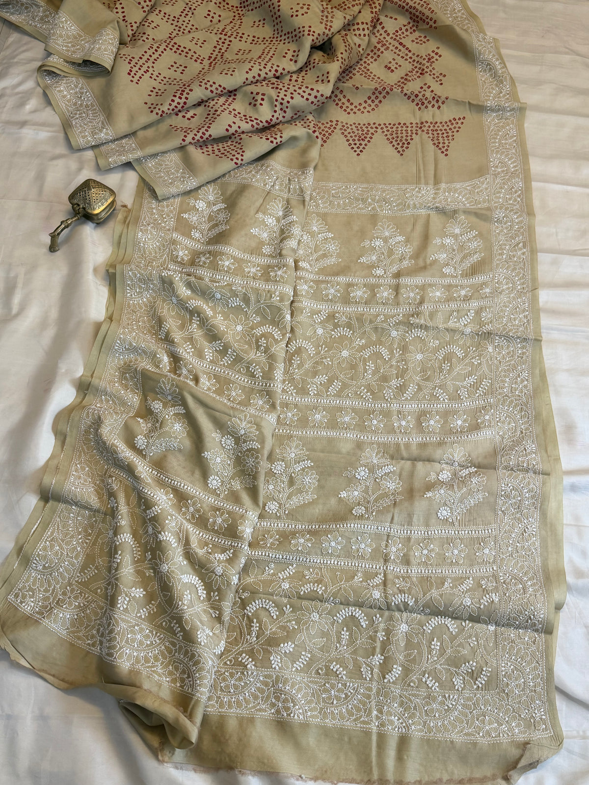 Tussar Bandhini with Chikankari work in silk