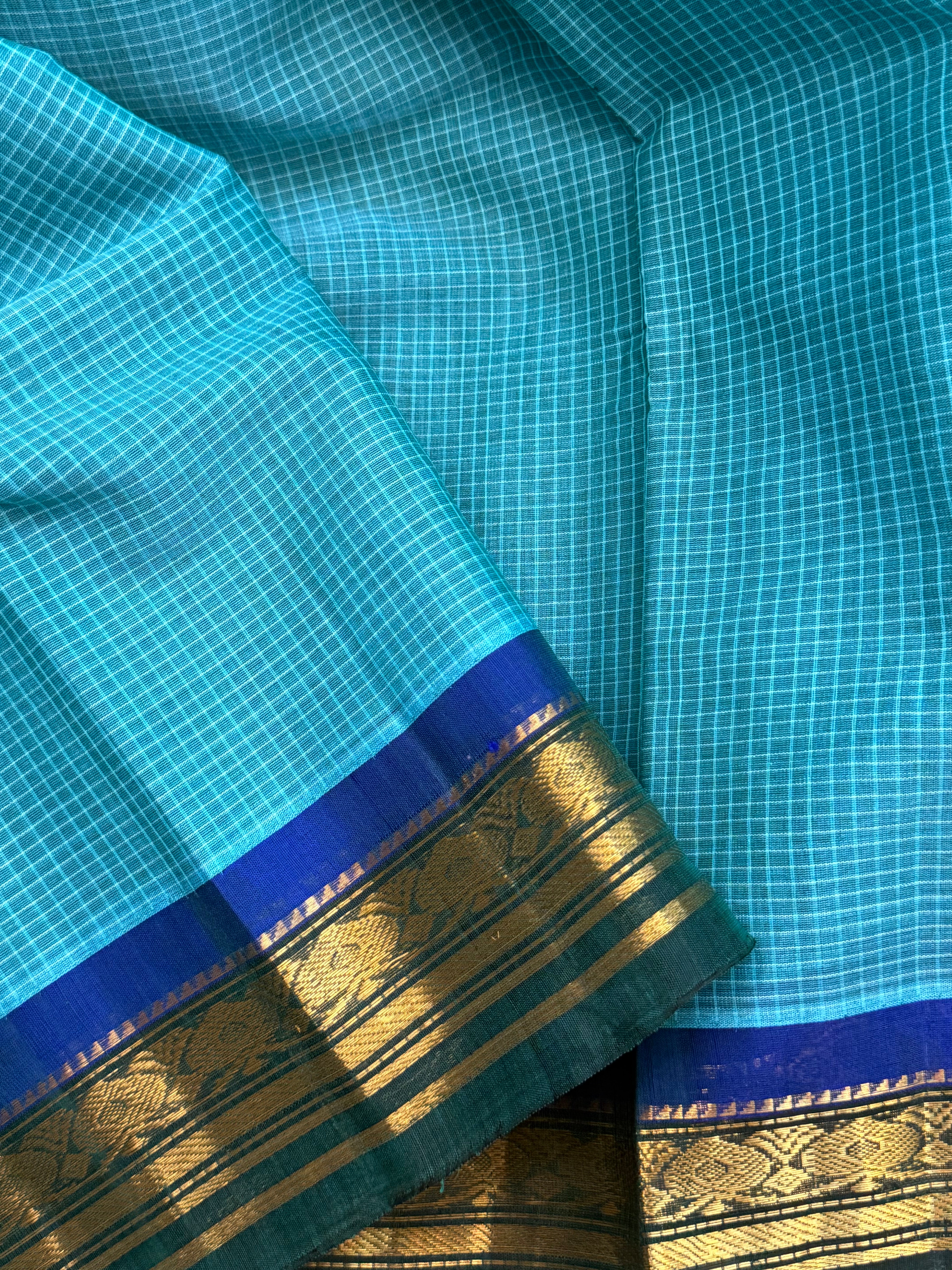 Turquoise blue and green korvai / Gadwal Cotton (No Blouse)