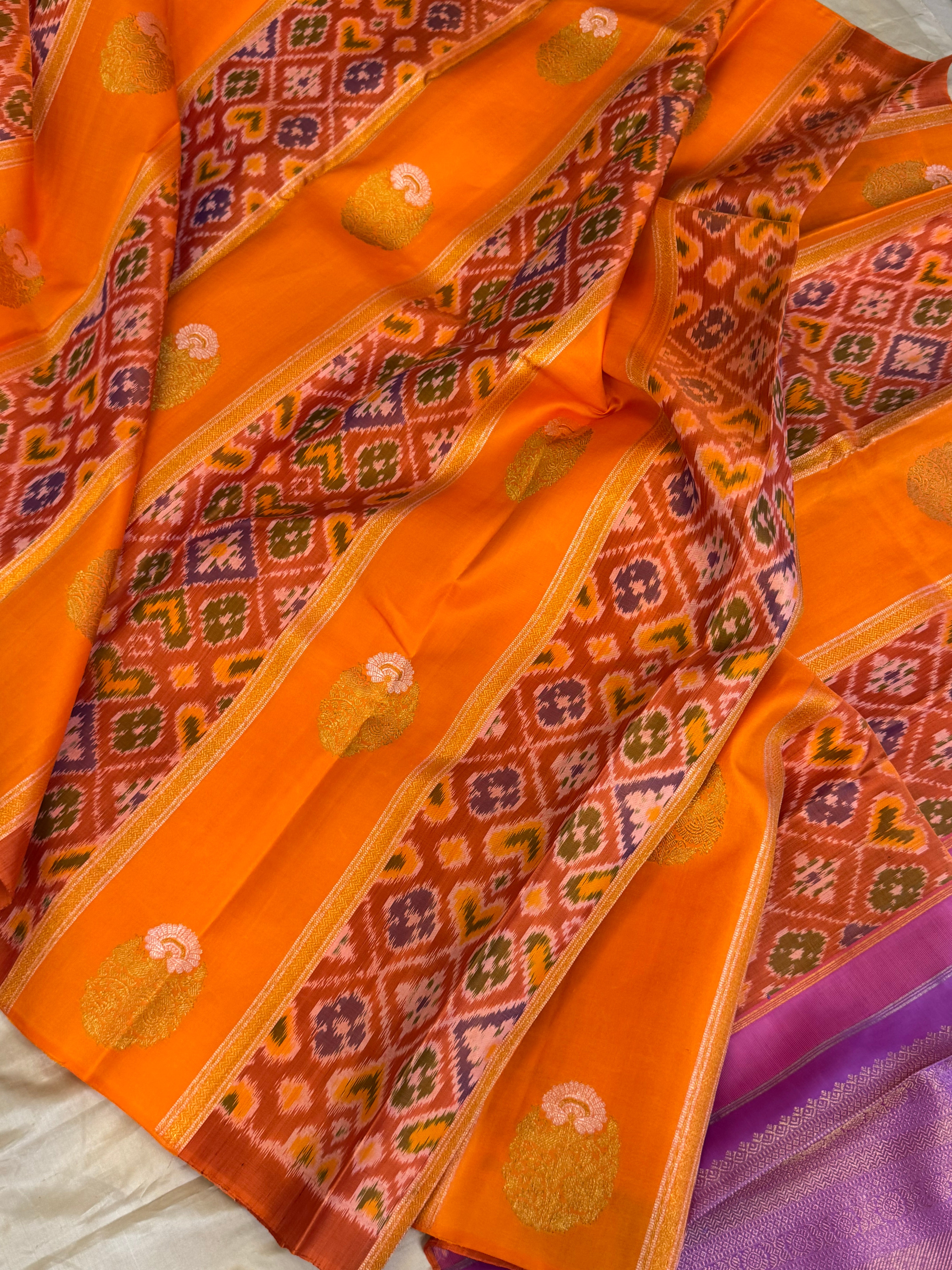 Orange Ikkat fusion kanjipuram saree
