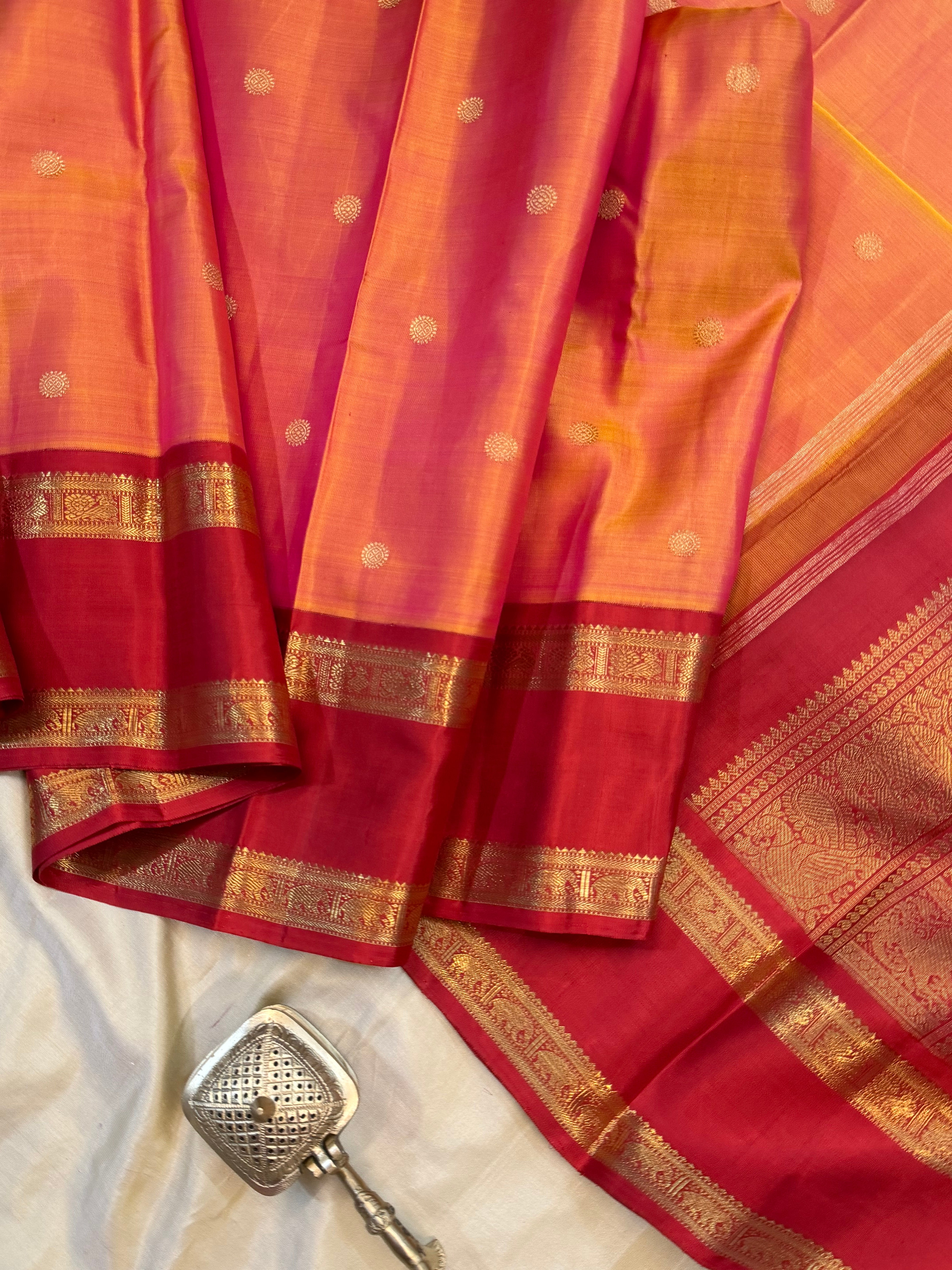 Yellow by pink kai korvai / kanjipuram silk