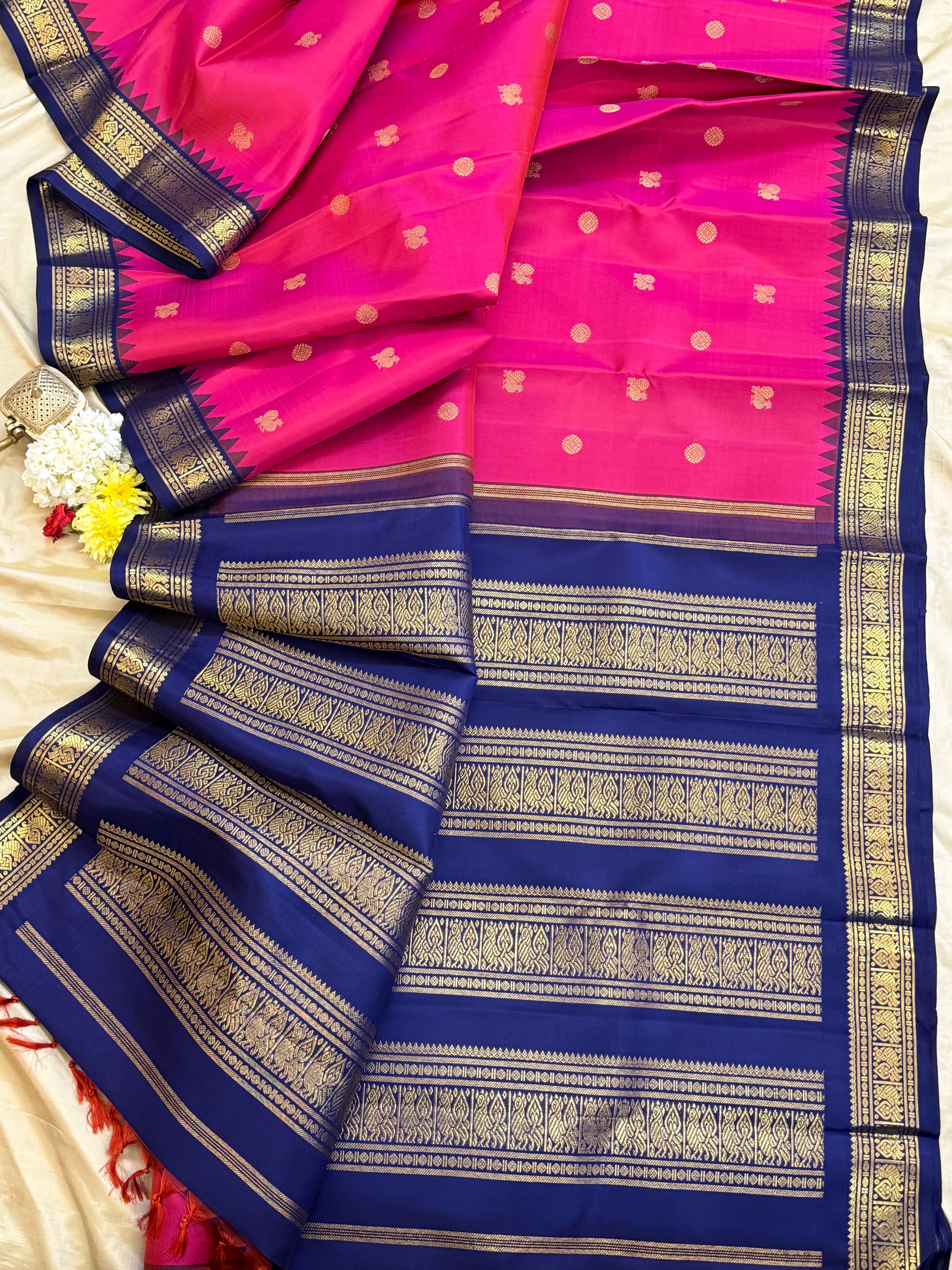PINK WITH NAVY BLUE SMALL TEMPLE KORVAI/ KANJIPURAM SILK CLSA 10375
