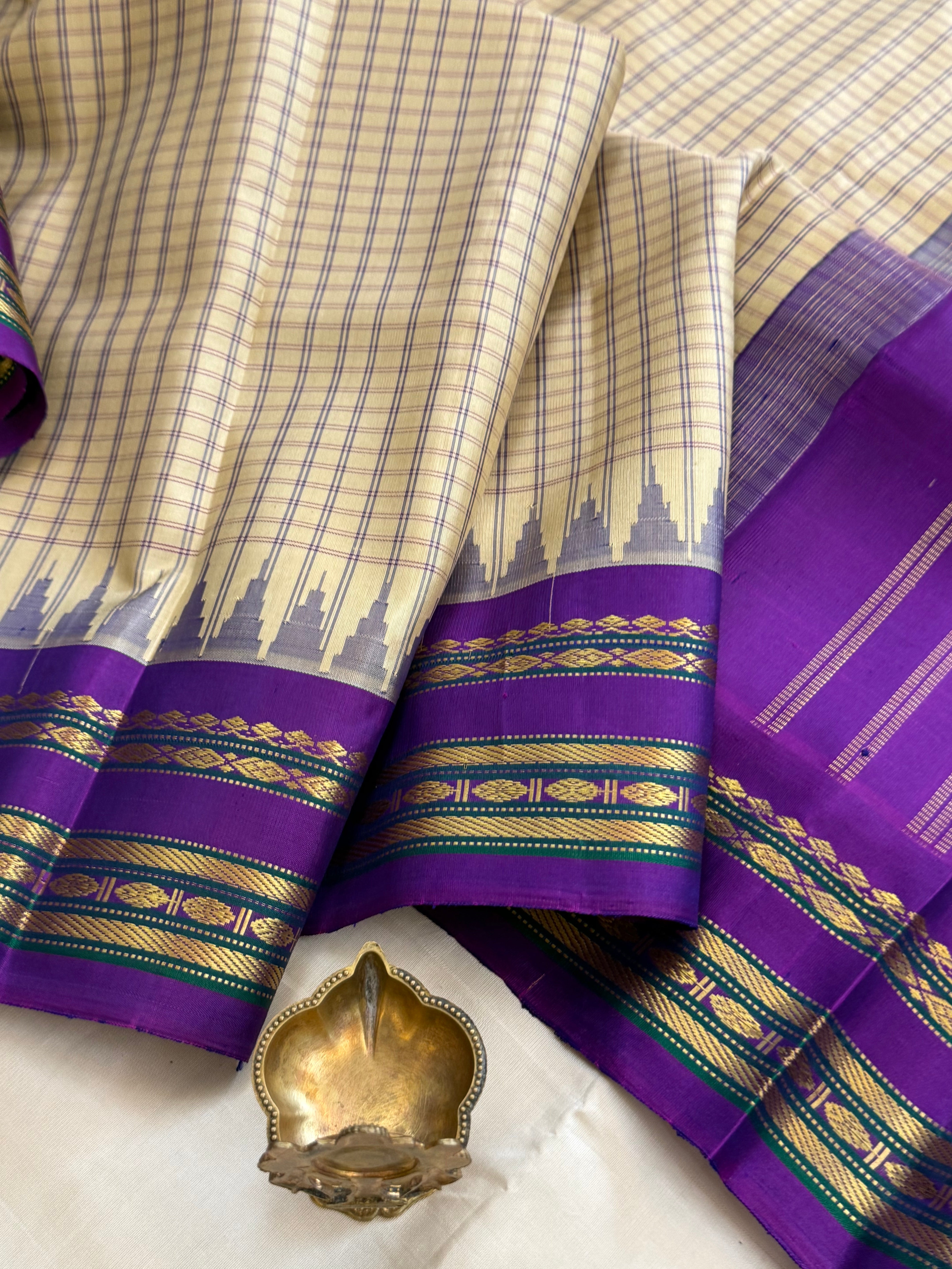 Cream body check with purple temple border  / Gadwal silk CLSA11297