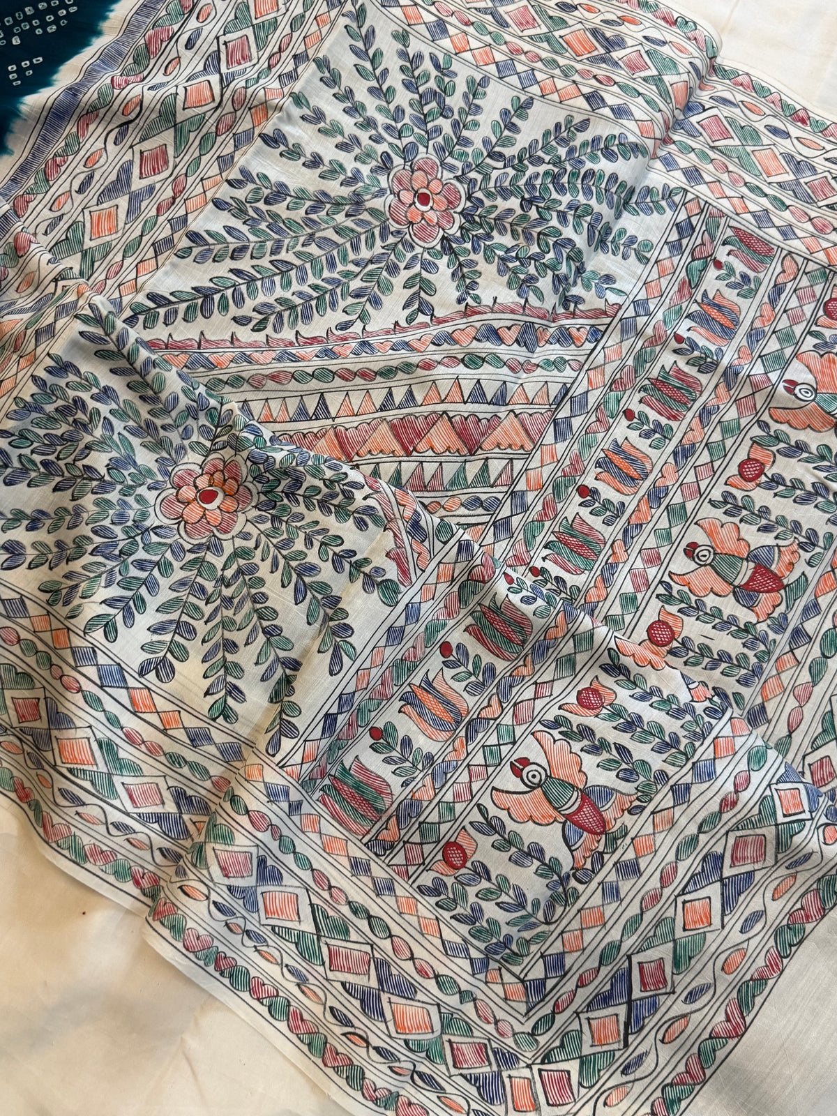 Blue  Bandhini with Madhubani work in silk
