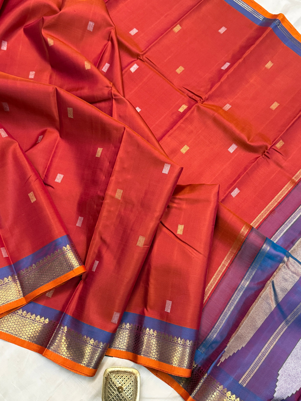 Rust Orange with silver and gold pure Zari butta/ kanjipuram silk saree