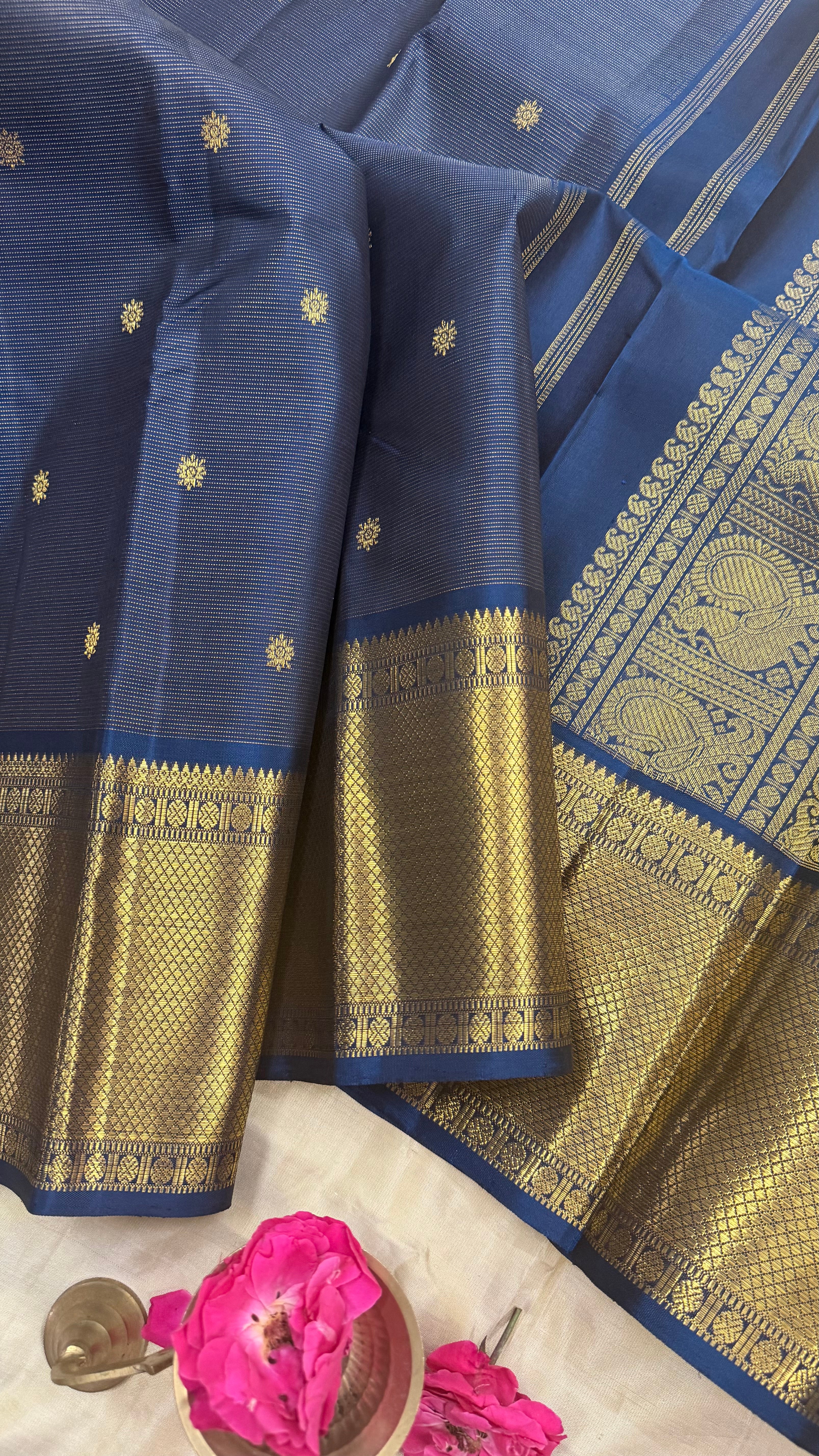 Teal blue Vairaoosi Long border / Kanjipuram silk