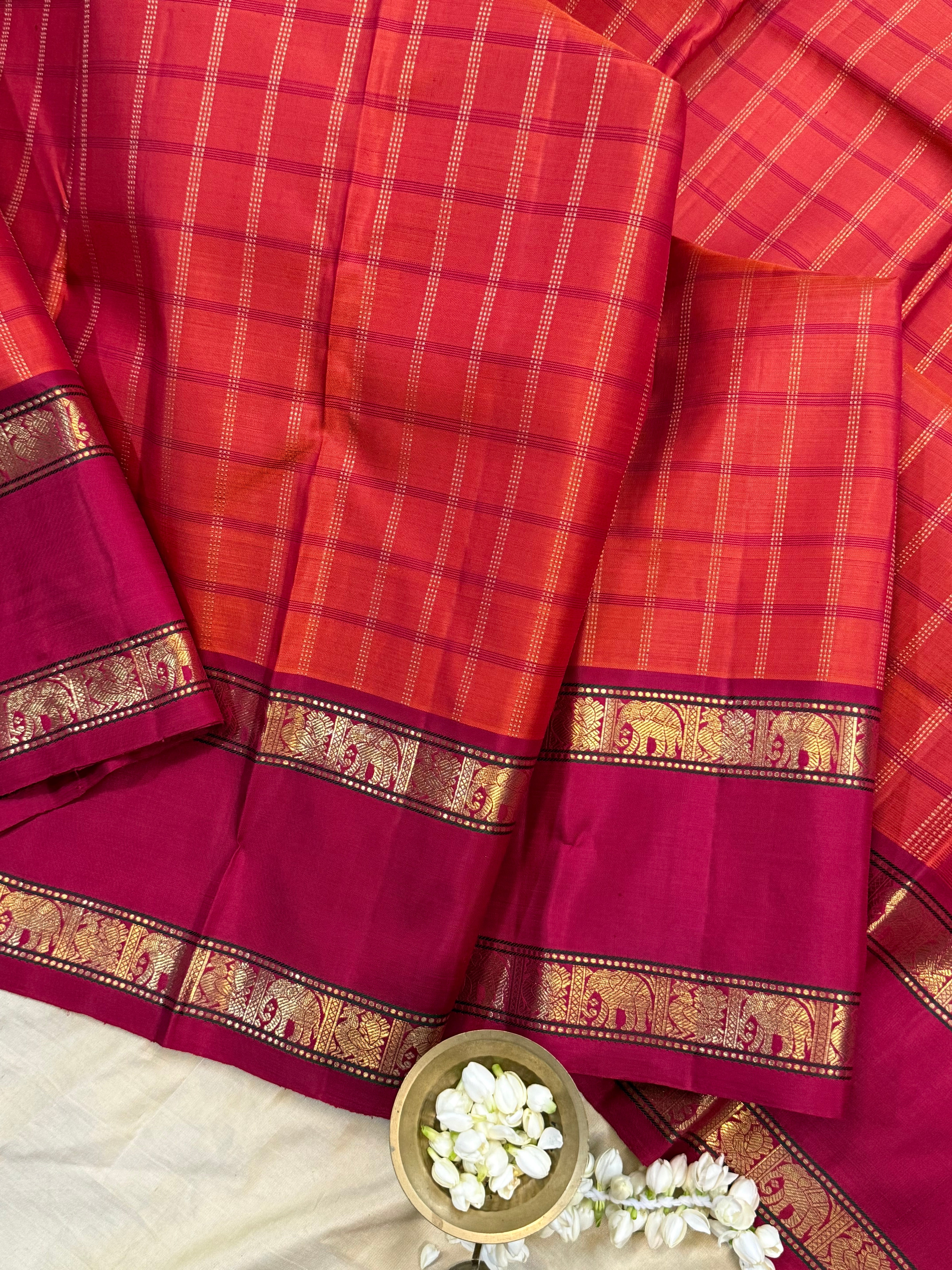 Rustic orange and Red kattam rettapet border/ Kanjipuram silk