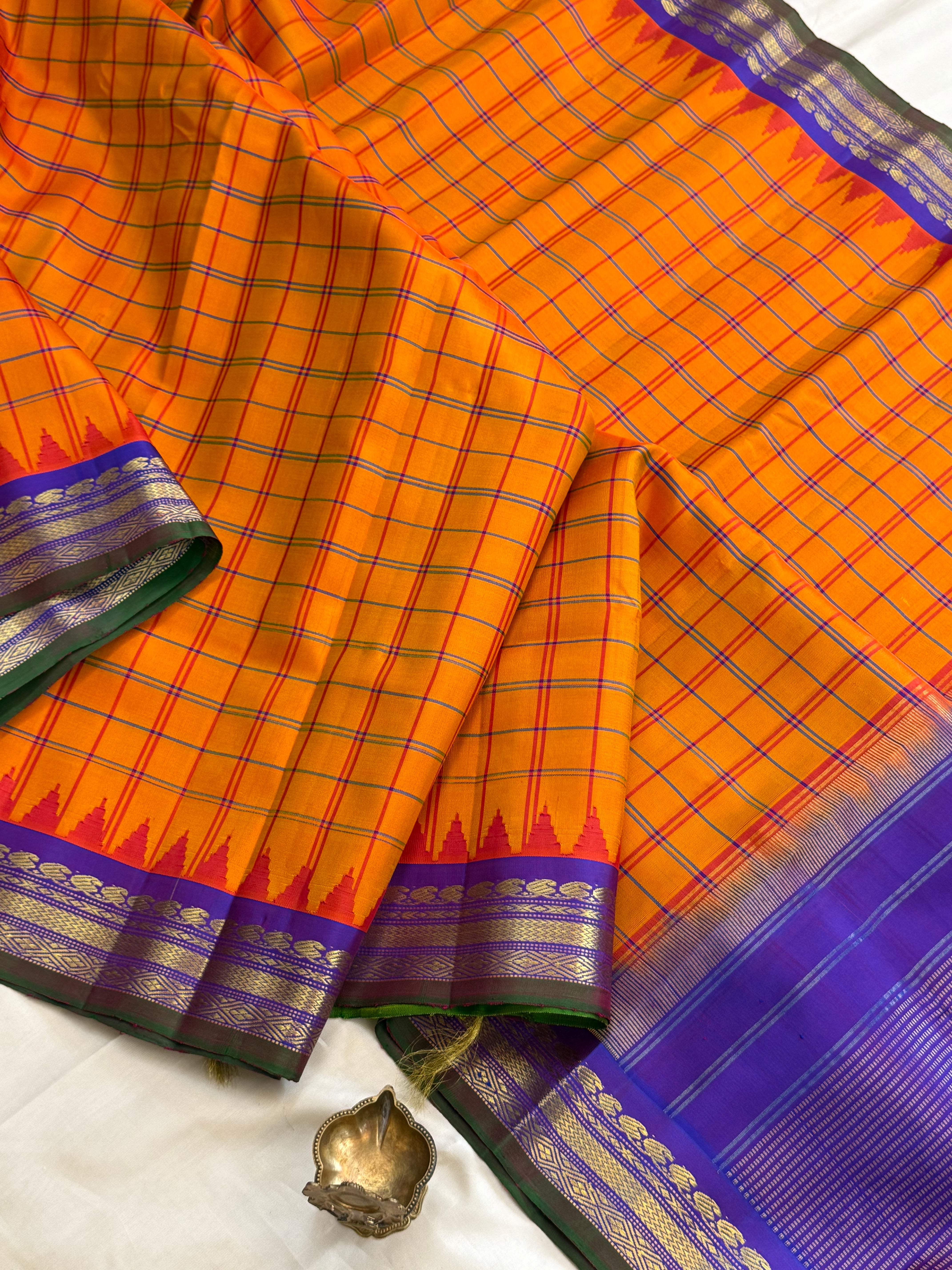 Mango yellow body checks with purple border/ Gadwal silk CLSA11287