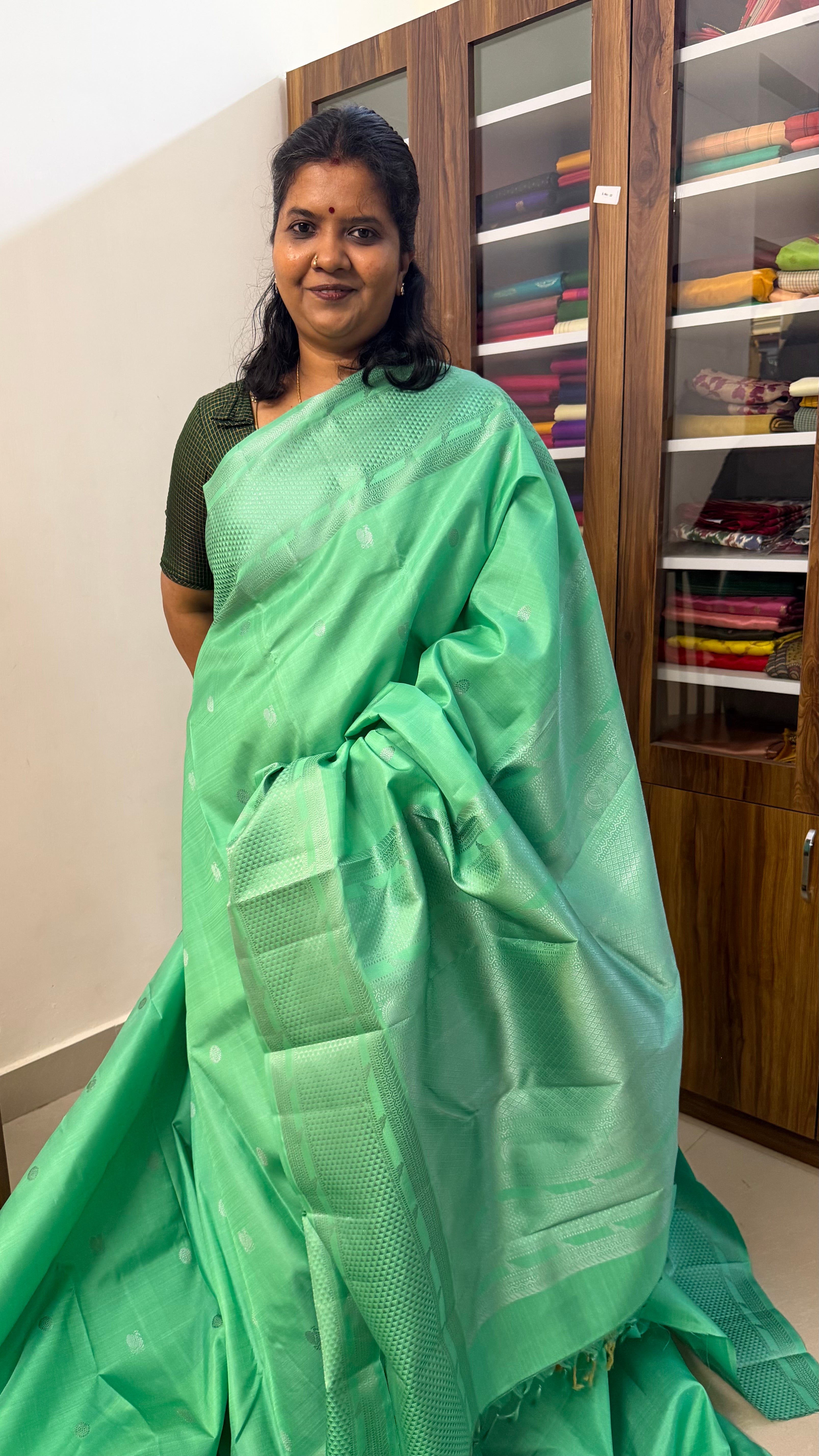 Apple green Kili  thread work Kanjipuram silk