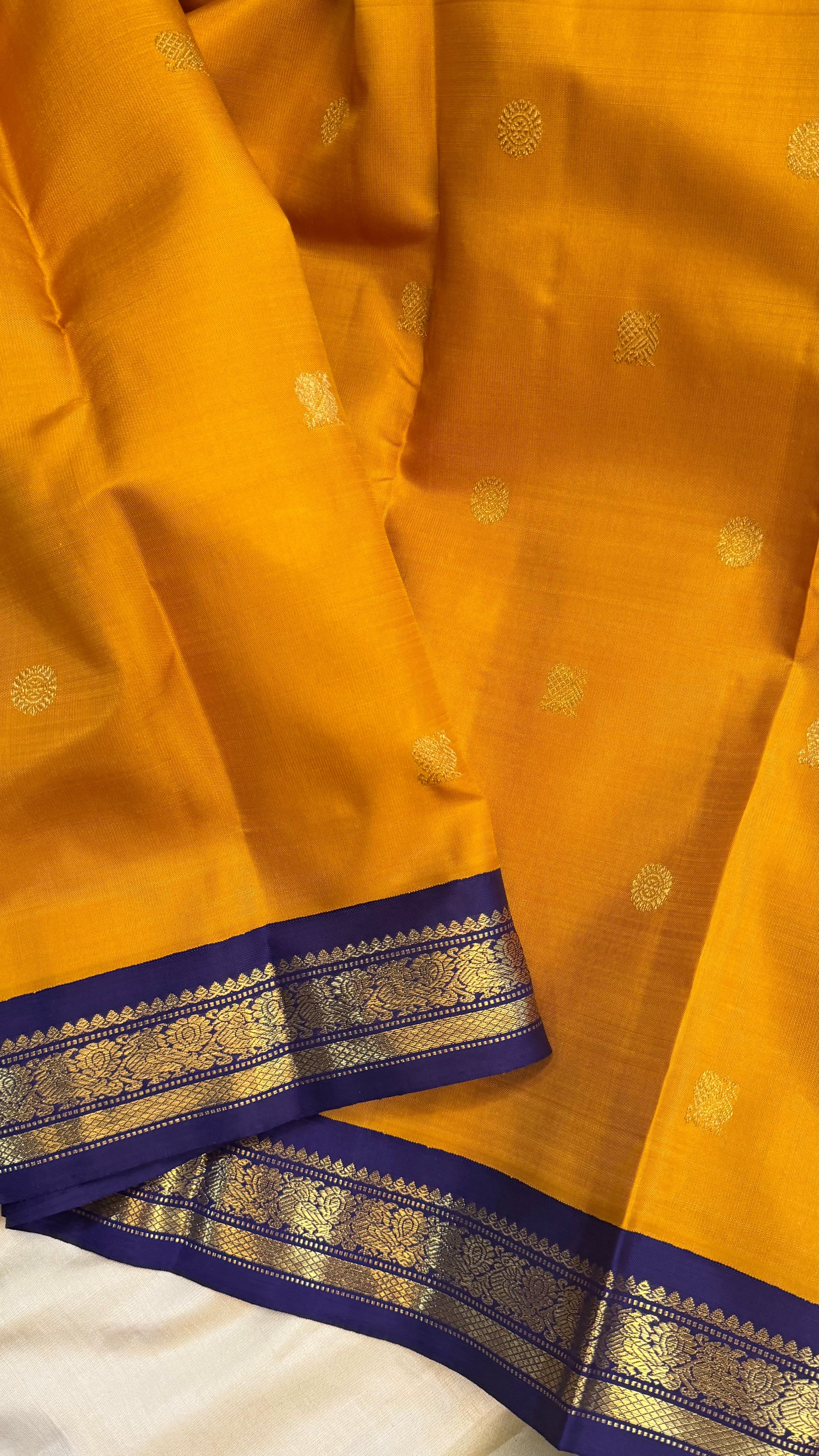 Golden yellow and dark blue kai korvai/ Kanjipuram Silk