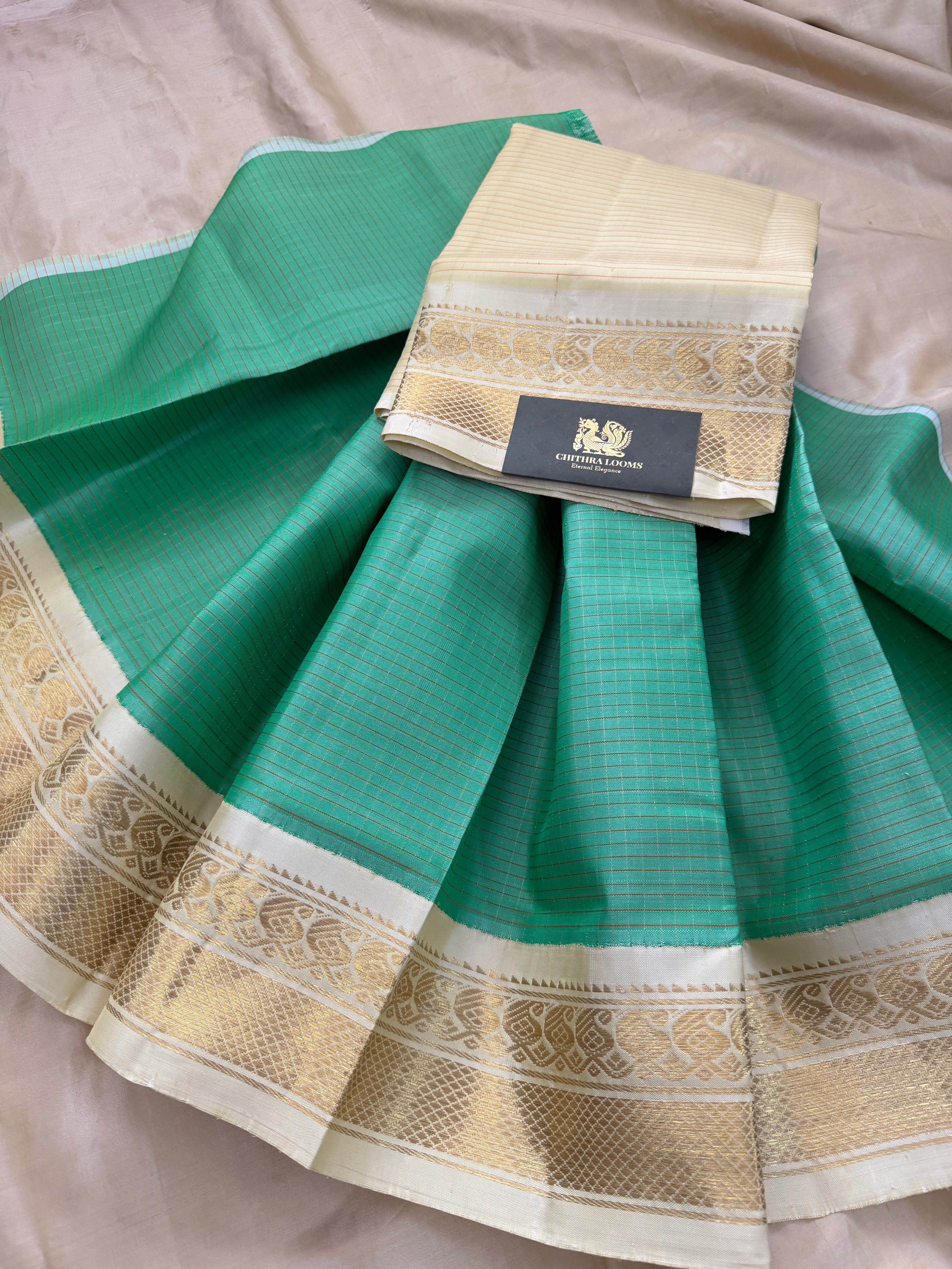 Sea blue checks 0 to 3 years  pure Zari Pattu Paavadai Korvai