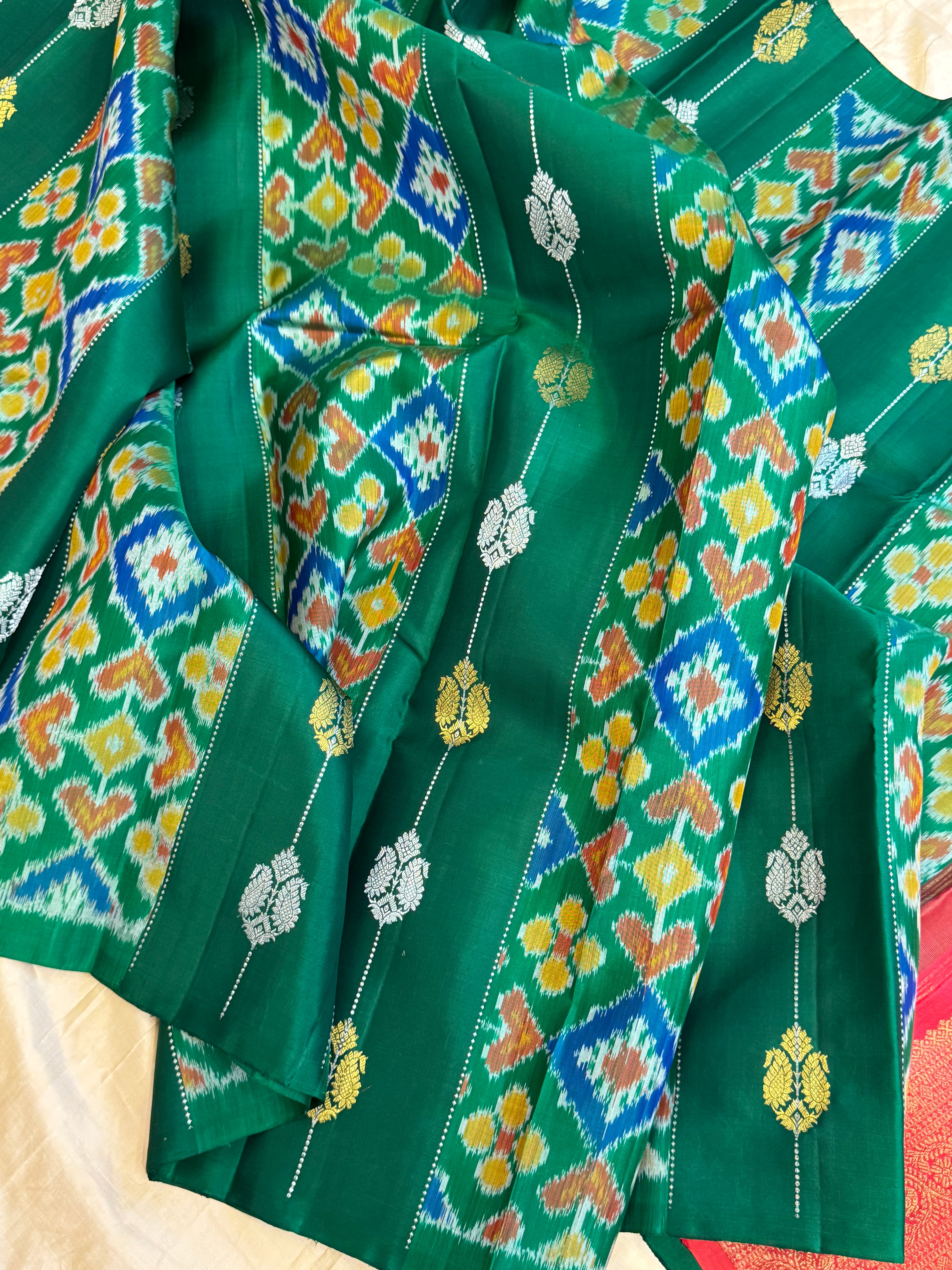 Green  Ikkat fusion kanjipuram saree