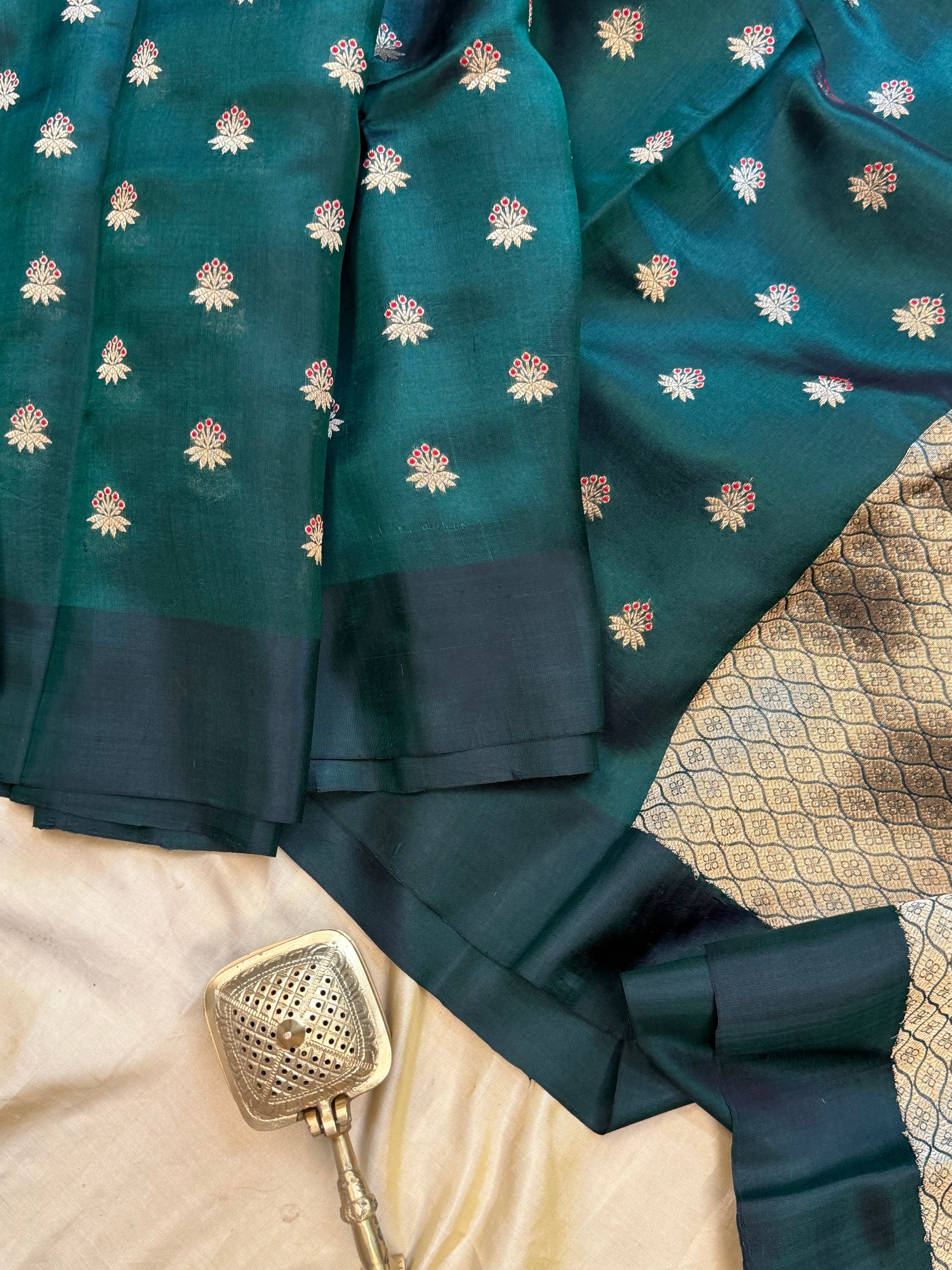 Dark bottle green meenakari hazar / revival Chanderi silk