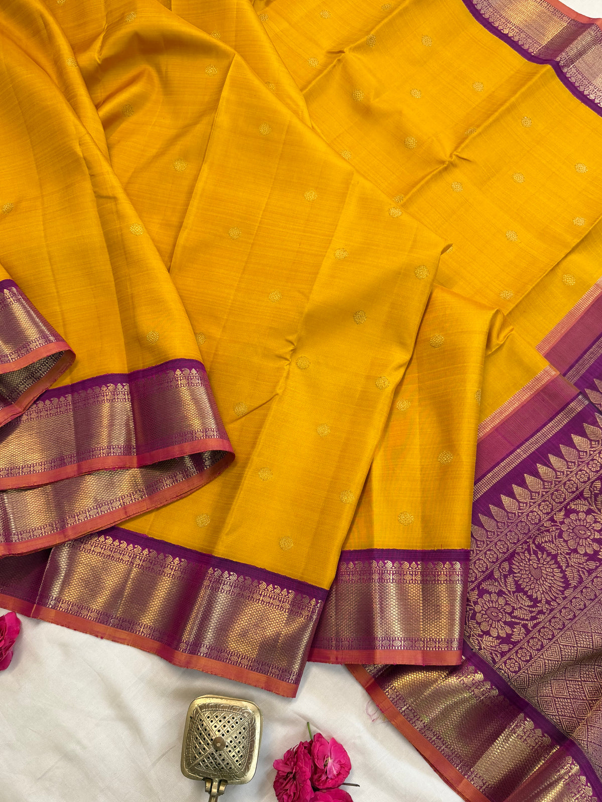 Yellow - Day 1 Navarthri colour pure Zari Kanjipuram silk / Mango yellow Korvai