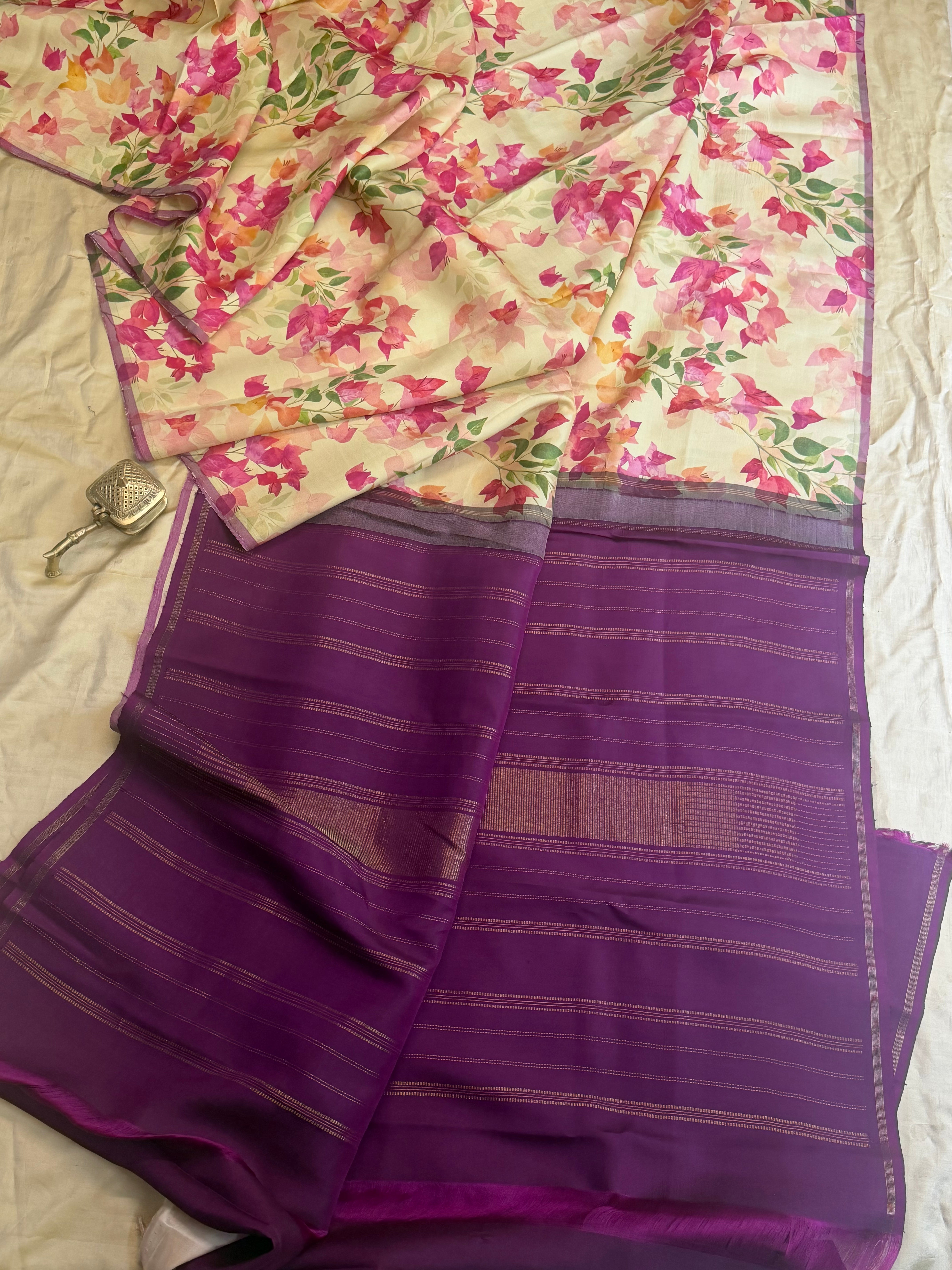 Floral digital printed / pure Zari Kanjipuram silk