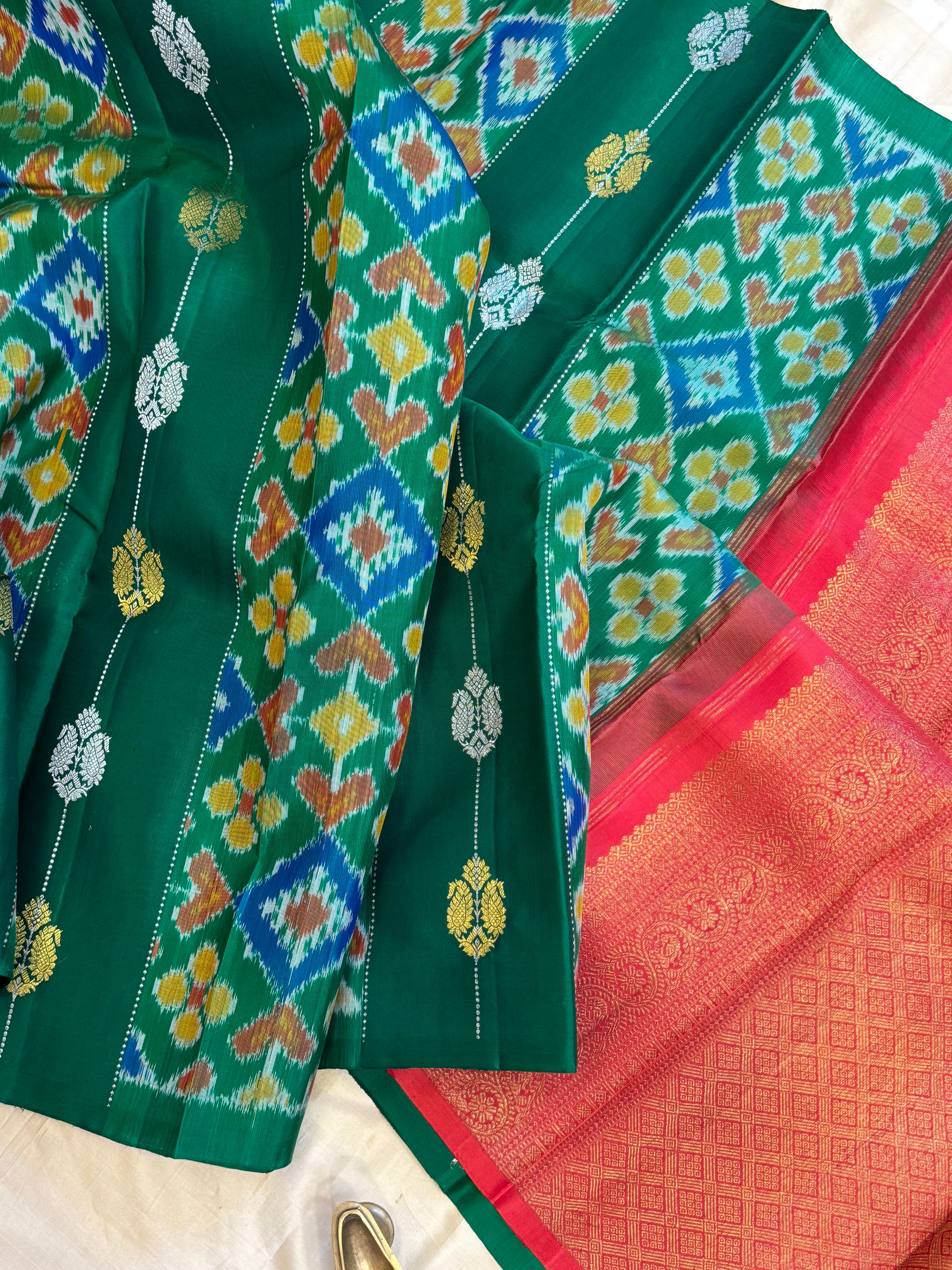 Green  Ikkat fusion kanjipuram saree