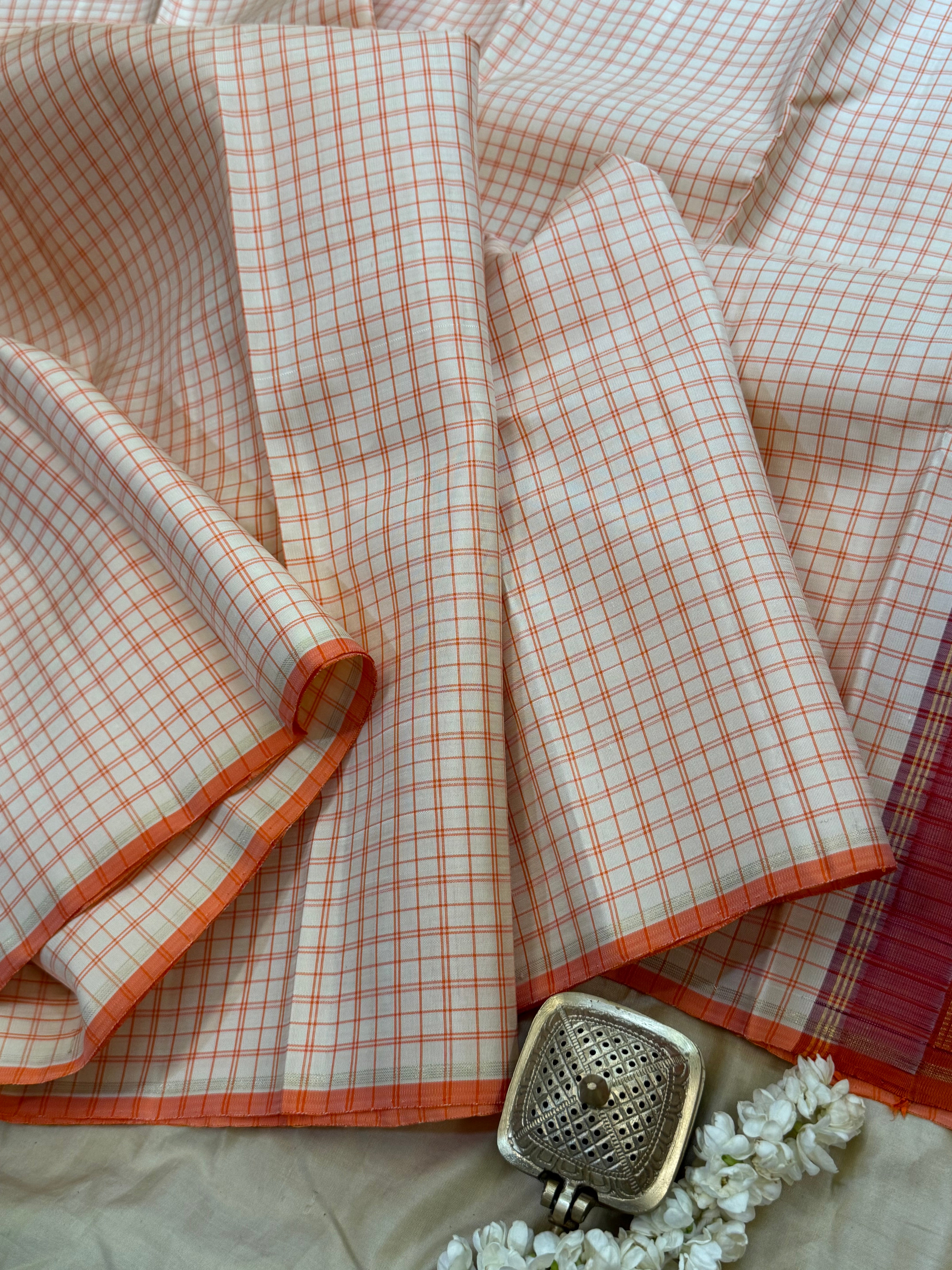 Offwhite and orange checks / Kanjipuram silk